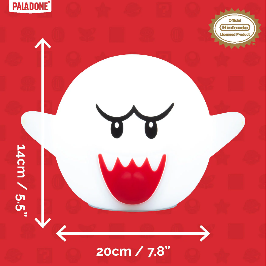 Super Mario “Boo” SquishyGlo rechargeable silicone light, 14 cm soft squishy design with multiple brightness levels and auto‑off timer.