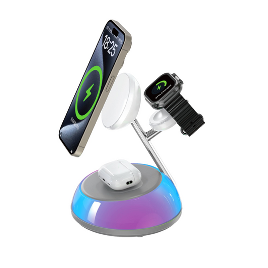 Side view of WiWU Aurora Wi-W036 Qi2.0 3-in-1 magnetic wireless charger station charging an iPhone, Apple Watch, and AirPods simultaneously, featuring fast MagSafe charging, 360° rotation, intelligent safety protection, and sleek zinc alloy design.