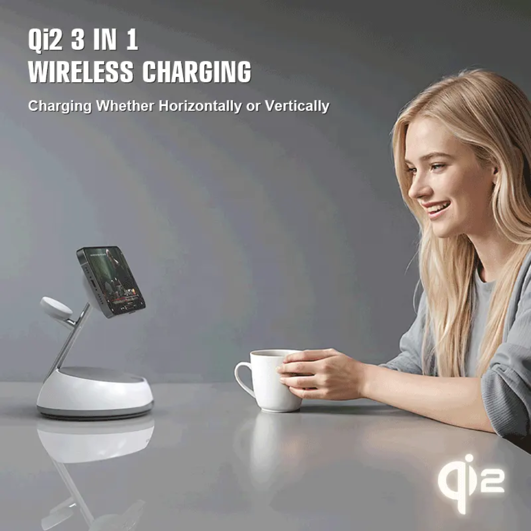Woman watching a video on her iPhone wirelessly charging on the WiWU Aurora Wi-W036 Qi 2.0 MagSafe wireless charger stand, featuring fast charging and 360° rotation for hands-free viewing.