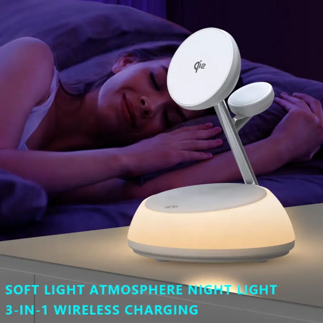 Woman peacefully sleeping in bed under the soft, warm night light from the WiWU Aurora Wi-W036 Qi 2.0 wireless charger’s atmosphere LED, creating a cozy and relaxing bedroom environment without charging any device.