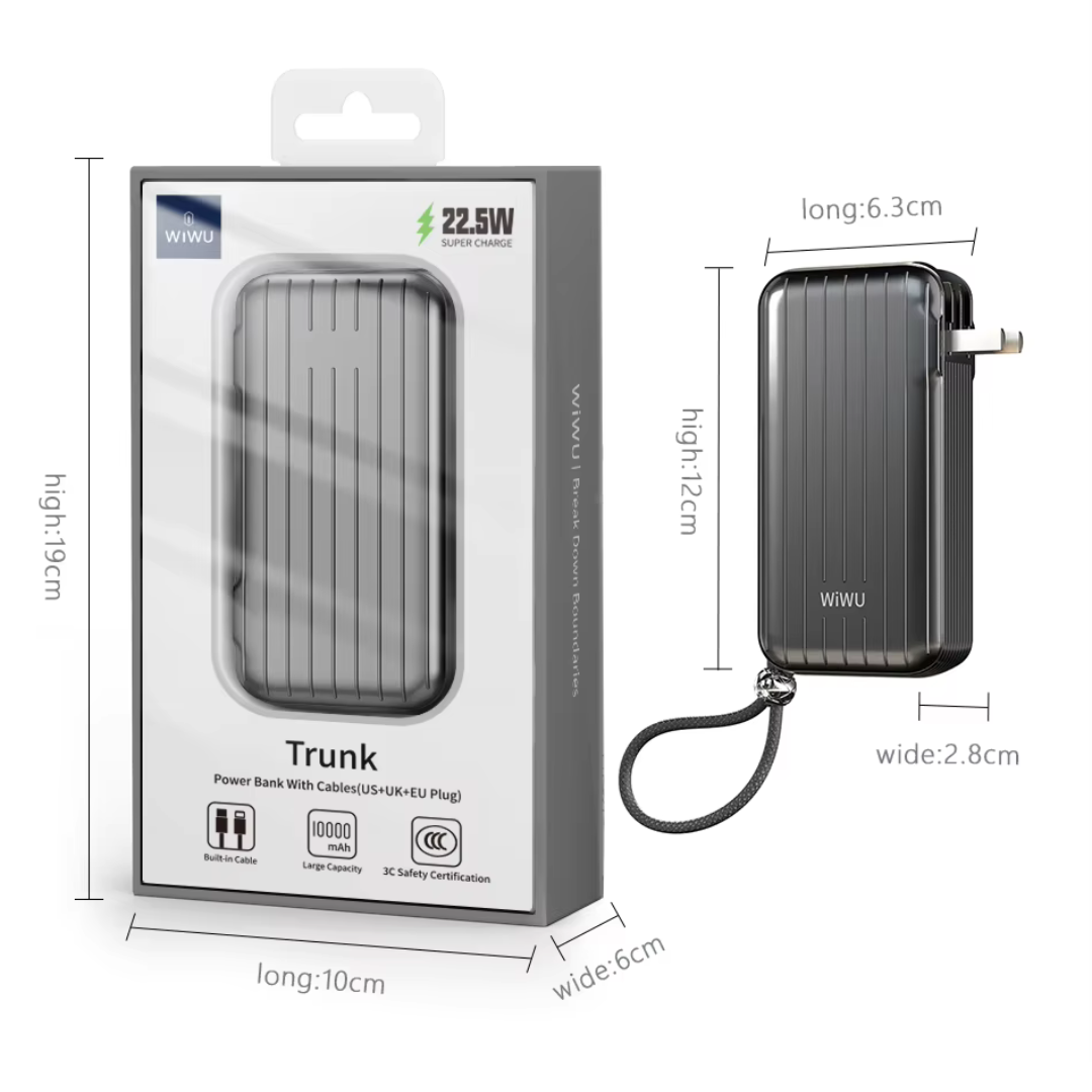 WiWU Trunk P030 10000mAh Power Bank Portable, Universal Plug, Built-in Cables, CCC Certified