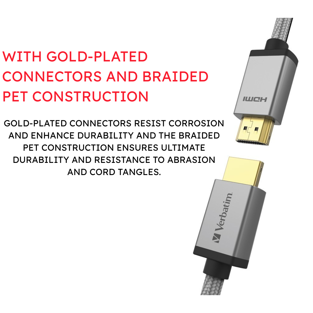 Verbatim HDMI 2.1 Cable 2m | Ultra High Speed 48Gbps | Supports 8K 60Hz, 4K 120Hz, 10K Resolution | Dynamic HDR, eARC, VRR for Pro Gaming Consoles & Home Theater | Gold-Plated Braided Cable
