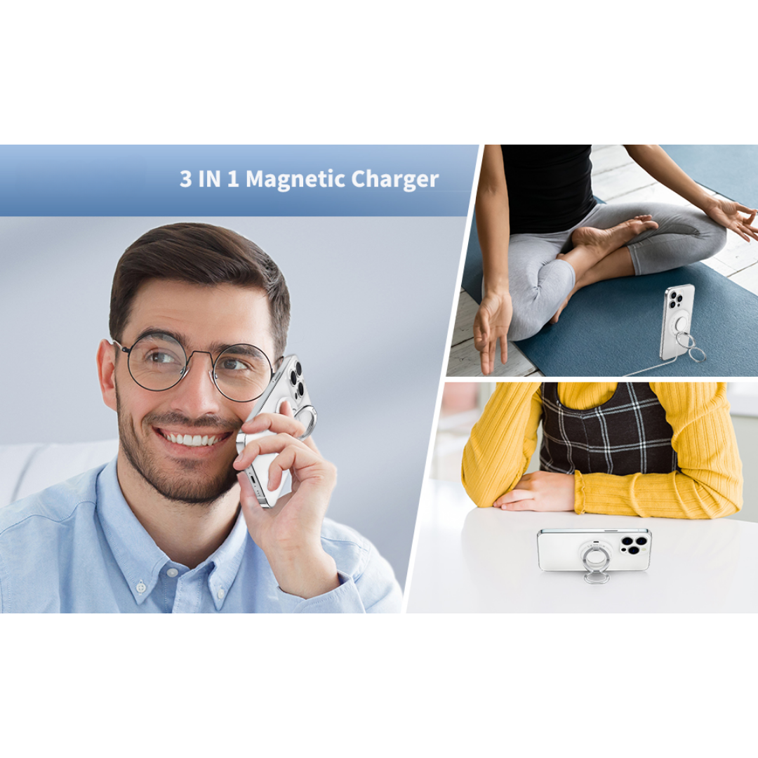Three people using a 3-in-1 magnetic wireless charger in different ways: one holding a phone and talking using the charger as a ring holder, a woman sitting on a yoga mat using the ring holder as a stand, and another woman at a desk watching her phone propped up by the magnetic ring holder.