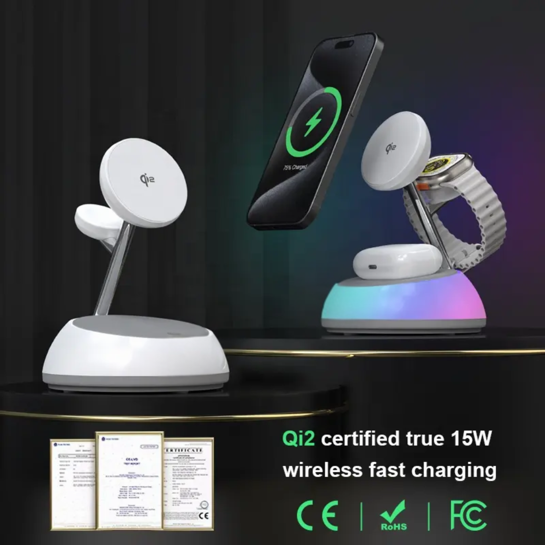 Pair of WiWU Aurora Wi-W036 Qi 2.0 certified wireless charger stands; one illuminated and charging iPhone, Apple Watch, and AirPods at 15W fast charging, the other powered off without devices.