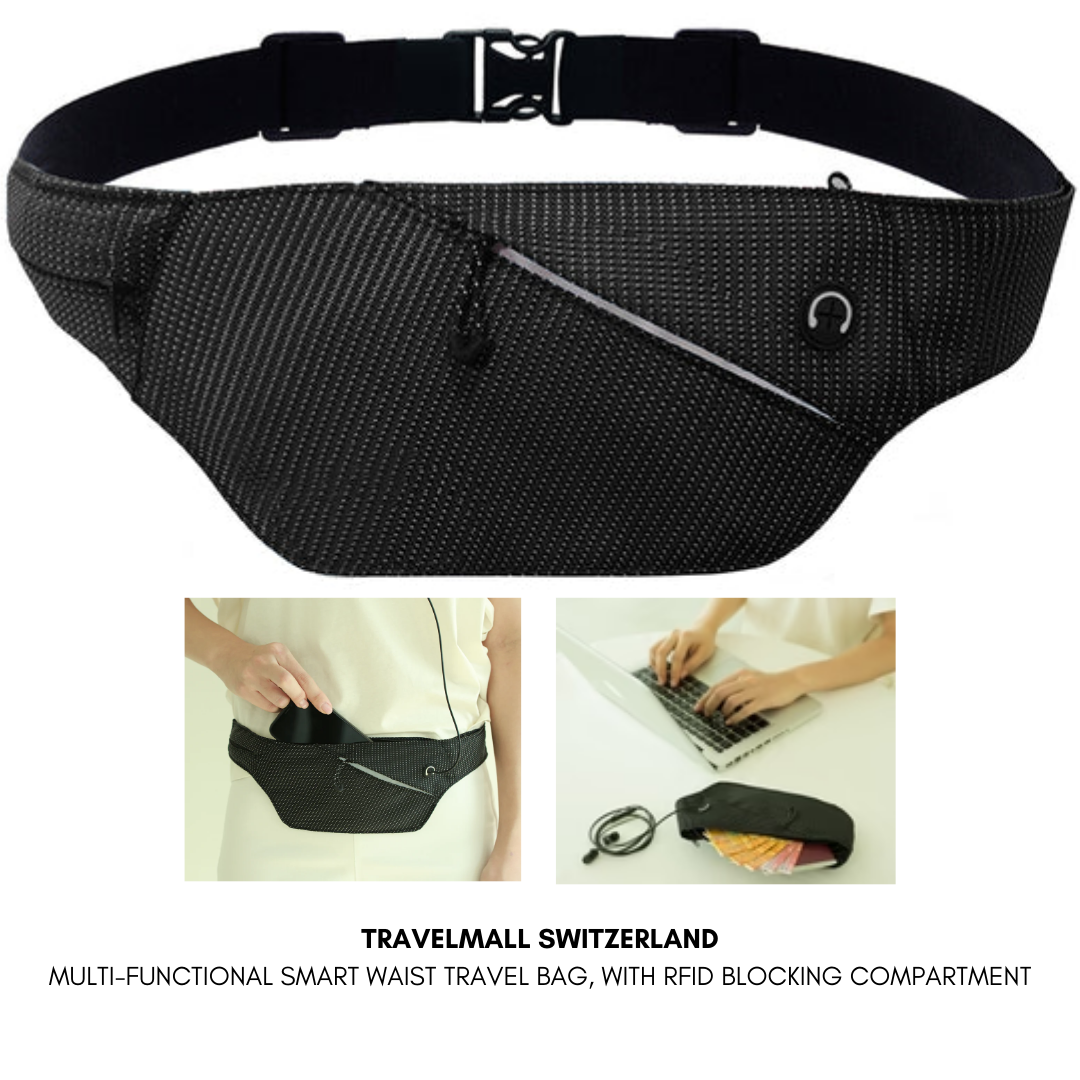 TRAVELMALL SWITZERLAND MULTI-FUNCTIONAL SMART WAIST TRAVEL BAG, WITH RFID BLOCKING COMPARTMENT