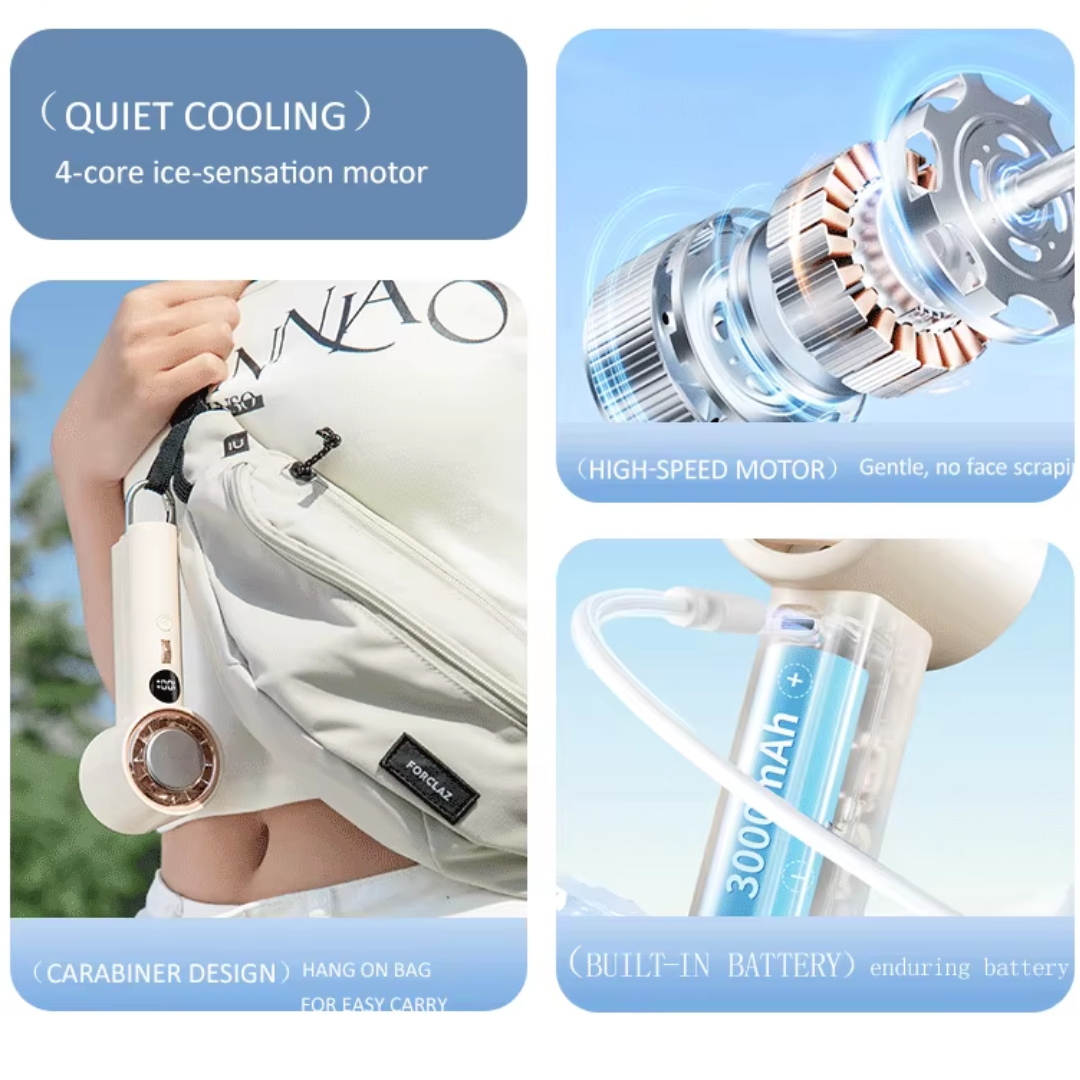 Portable bladeless handheld fan with quiet 4-core ice-sensation motor, high-speed gentle motor, built-in 3000mAh rechargeable battery, and convenient carabiner design for easy attachment to bags, ideal for powerful and silent personal cooling on the go.