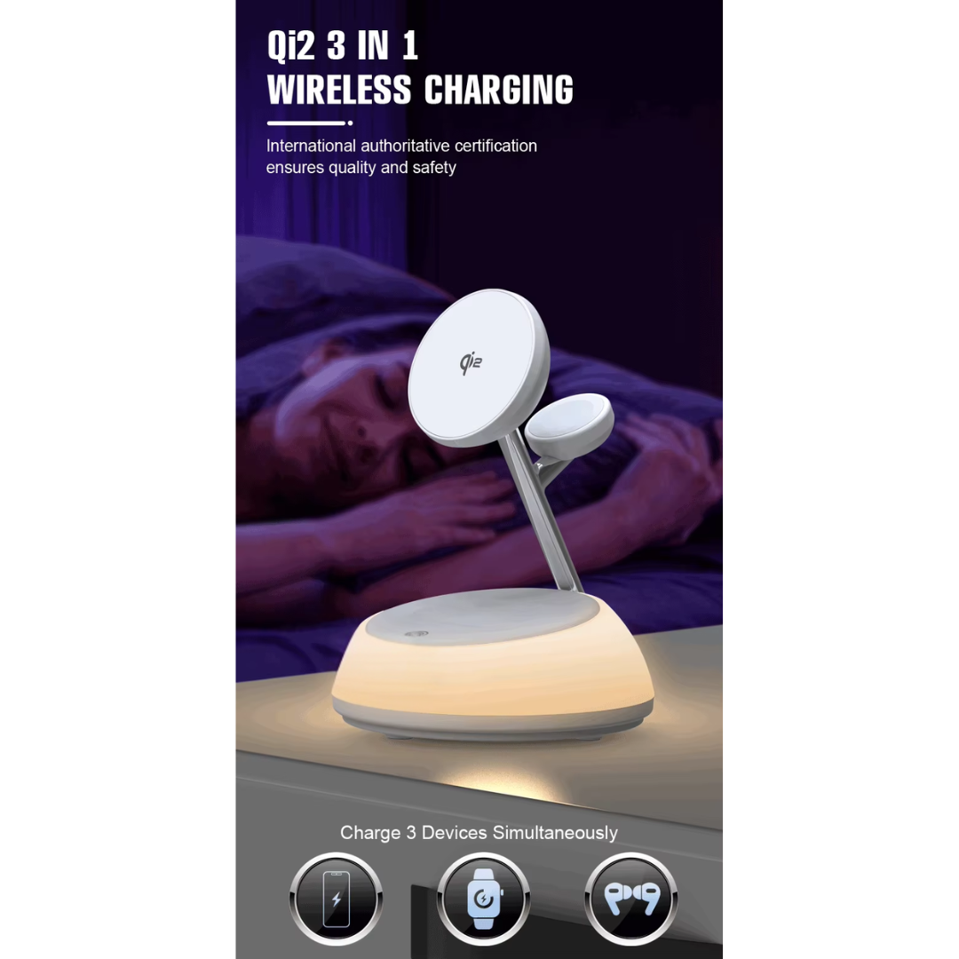 Woman peacefully sleeping in bed under the soft, warm night light from the WiWU Aurora Wi-W036 Qi 2.0 wireless charger’s atmosphere LED, creating a cozy and relaxing bedroom environment without charging any device.