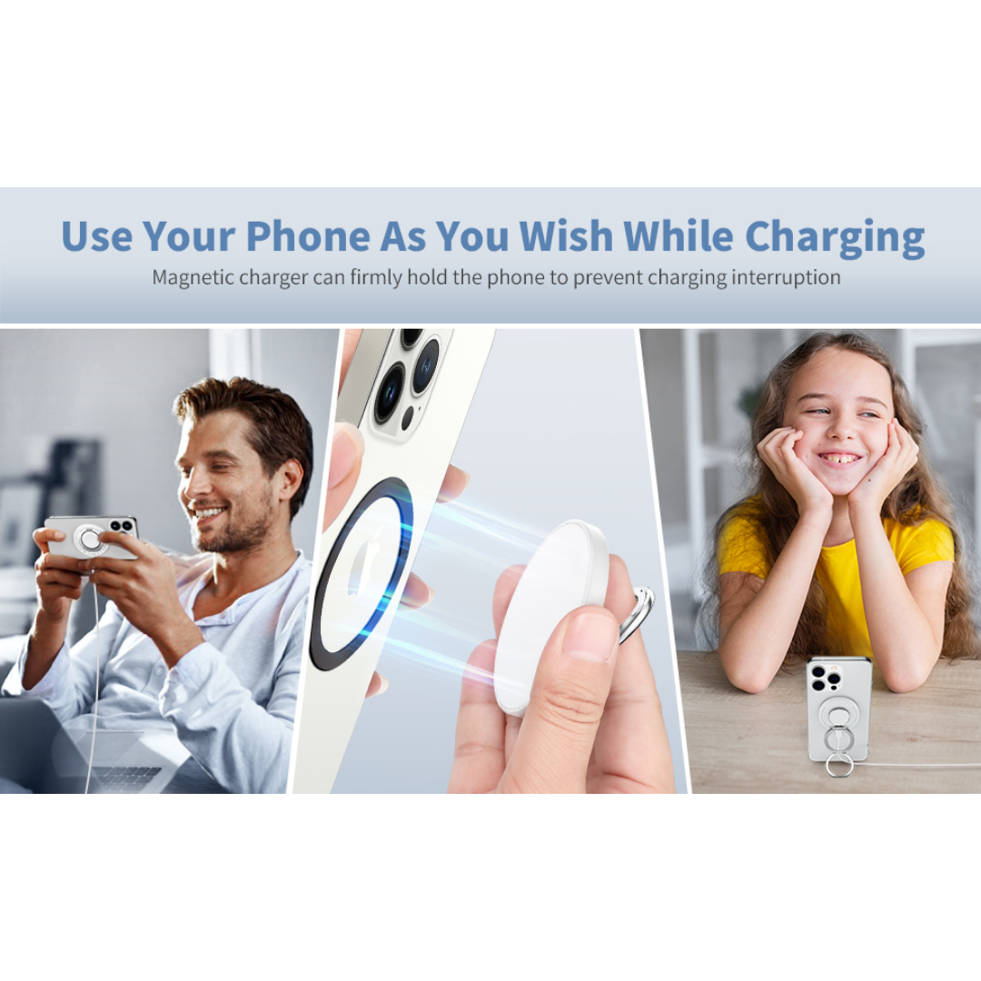 Image with text "Use Your Phone As You Wish While Charging" showing three scenes: a man playing on his iPhone while charging with a magnetic wireless charger, a close-up demonstrating the strong magnetic hold preventing charging interruption, and a woman watching her iPhone propped up using the charger’s ring holder as a stand.