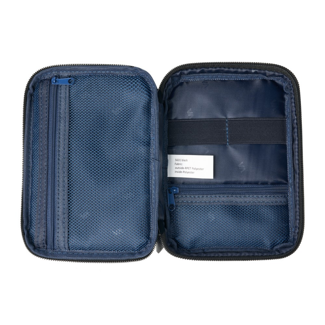 Inside view of Rivacase Suzuka 5631 showing mesh pockets and elastic loops holding travel accessories.