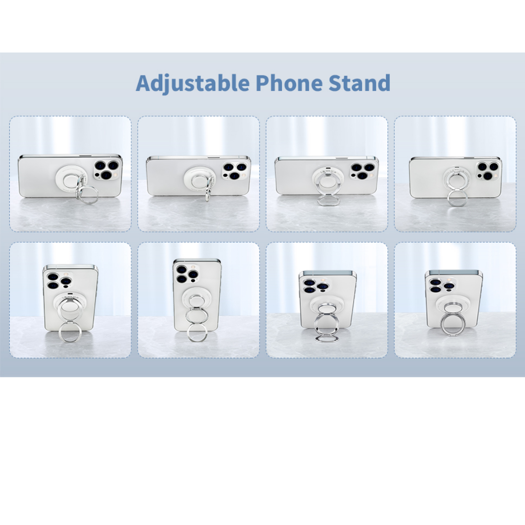 Collage of eight images showing an adjustable phone stand holding a white iPhone in various positions and angles, with four images displaying the phone in horizontal orientation and four images in vertical orientation, highlighting the stand’s versatility and stability.