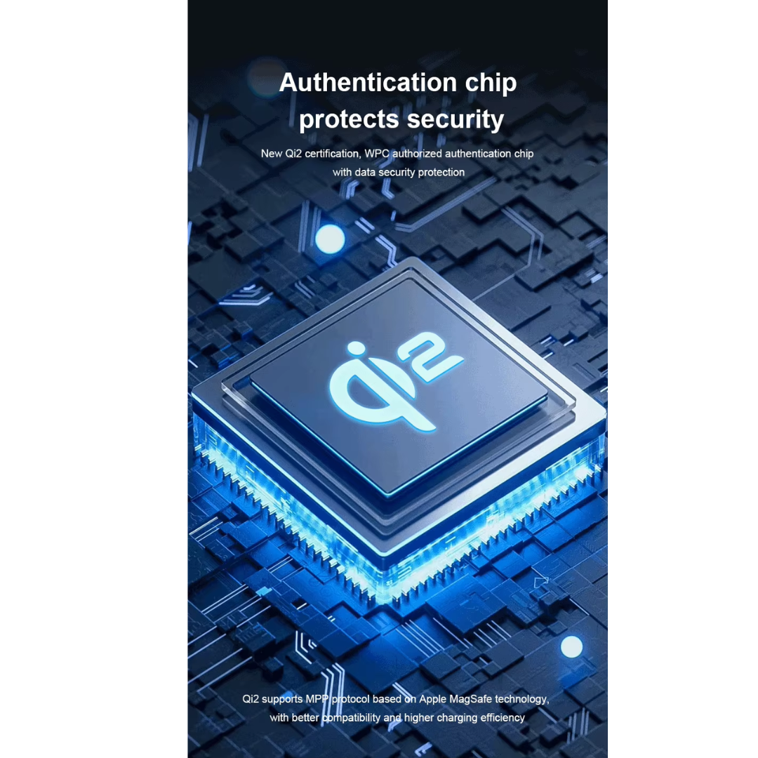 Close-up of a Qi 2.0 wireless charging authentication chip labeled as WPC authorized, highlighting secure data protection, new Qi 2.0 certification, and support for MPP protocol based on Apple MagSafe technology for better compatibility and higher charging efficiency.