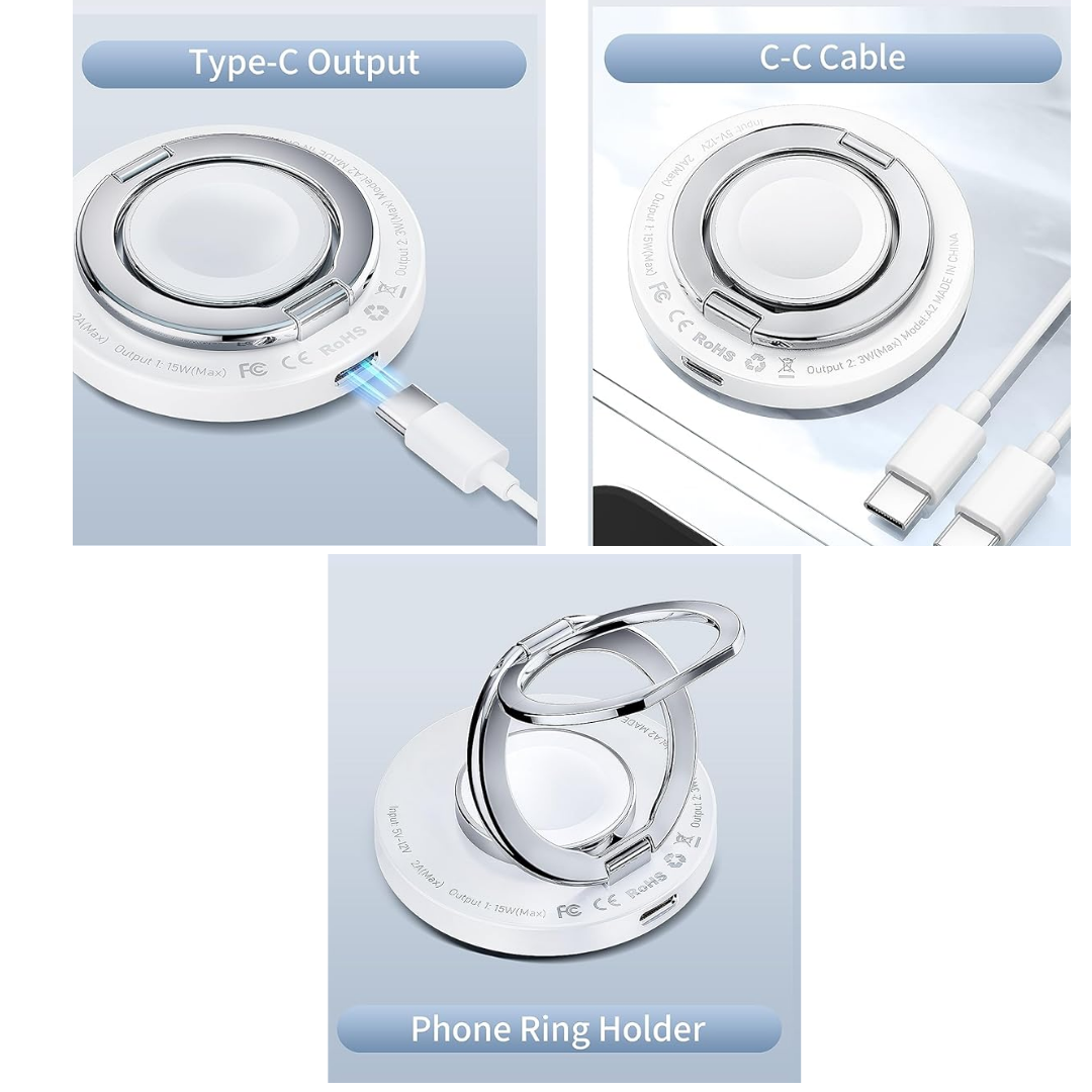 Three images showcasing details of the magnetic wireless charger: one highlighting the Type-C input port, another showing the included USB-C to USB-C charging cable, and the third featuring the built-in phone ring holder for secure grip and hands-free use.