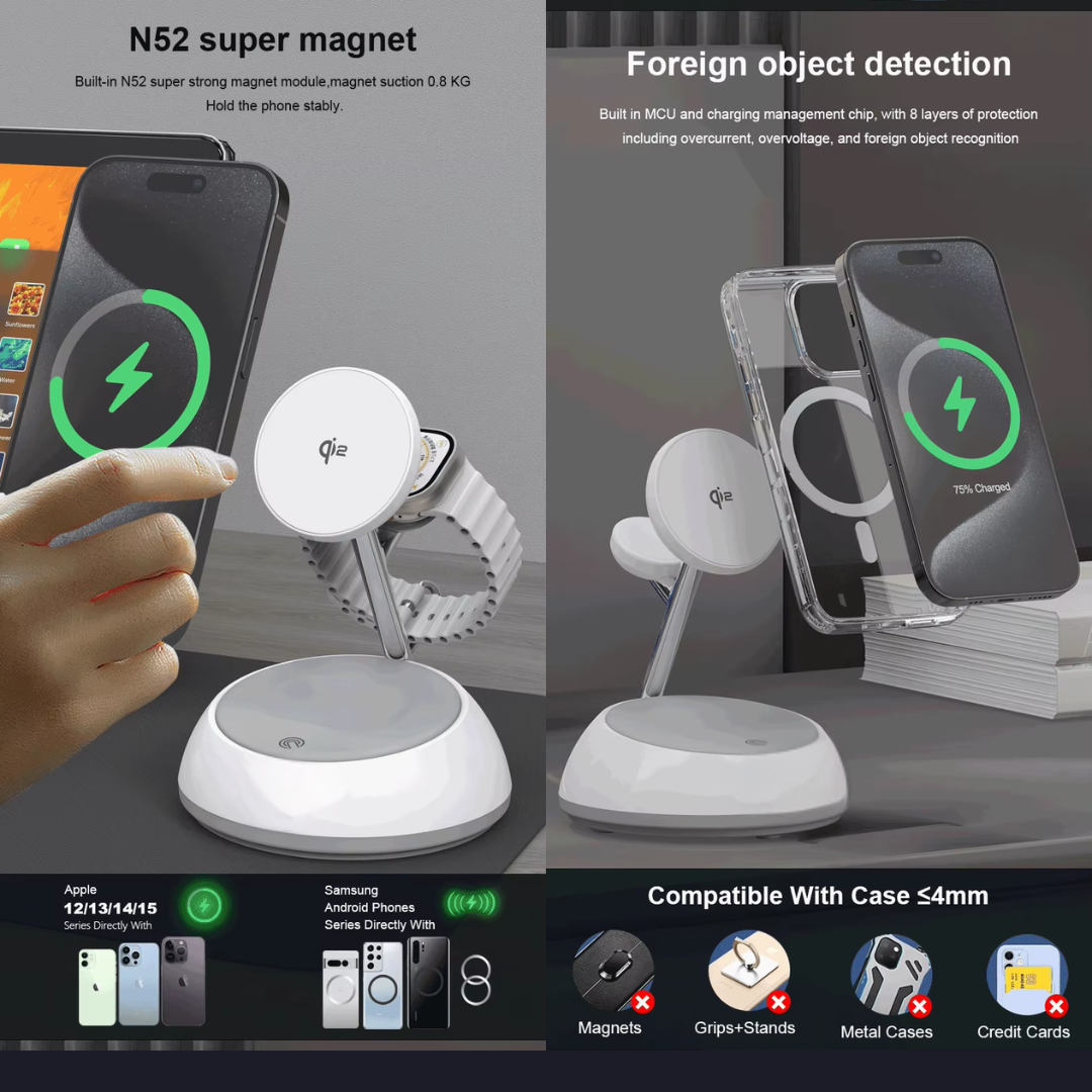 WiWU Aurora Qi 2.0 wireless charger demonstrating N52 super strong magnet module with 0.8kg magnetic suction for stable phone attachment and direct magnetic wireless charging for iPhone 12–16 series (Samsung models require magnetic ring), alongside foreign object detection feature with built-in MCU and charging management chip providing 8-layer protection including overcurrent, overvoltage, and foreign object detection for enhanced safety