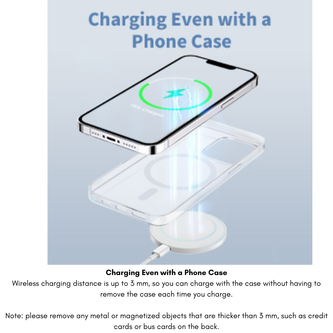 Image with text "Charging Even with a Phone Case," showing a wireless charger powering a smartphone through a case, illustrating up to 3 mm charging distance, with a note to remove metal or magnetized objects thicker than 3 mm, such as credit cards or bus cards, from the back of the phone.
