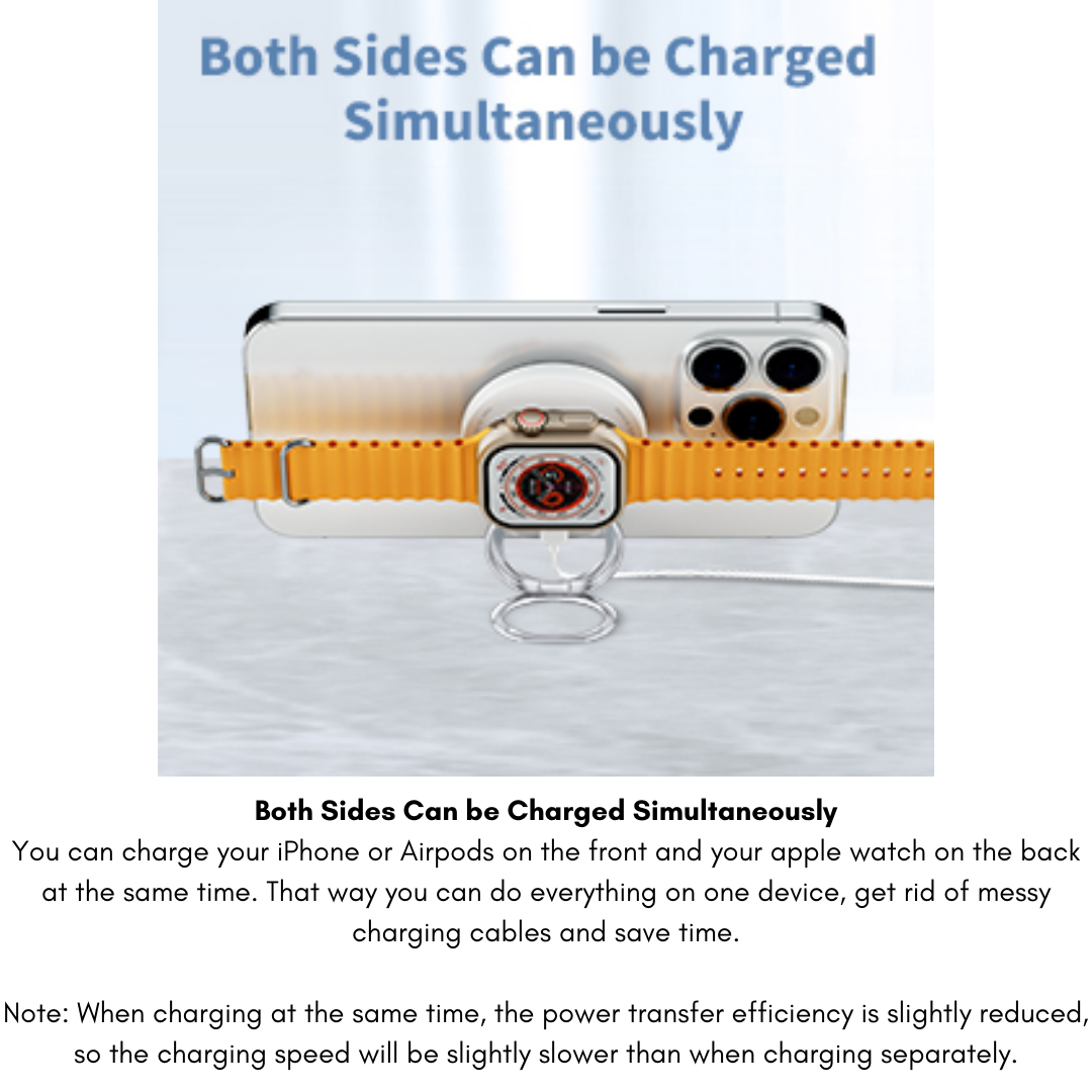 Magnetic wireless charger charging a white iPhone and Apple Watch Ultra with orange strap, showing simultaneous charging on both sides to reduce cable clutter.