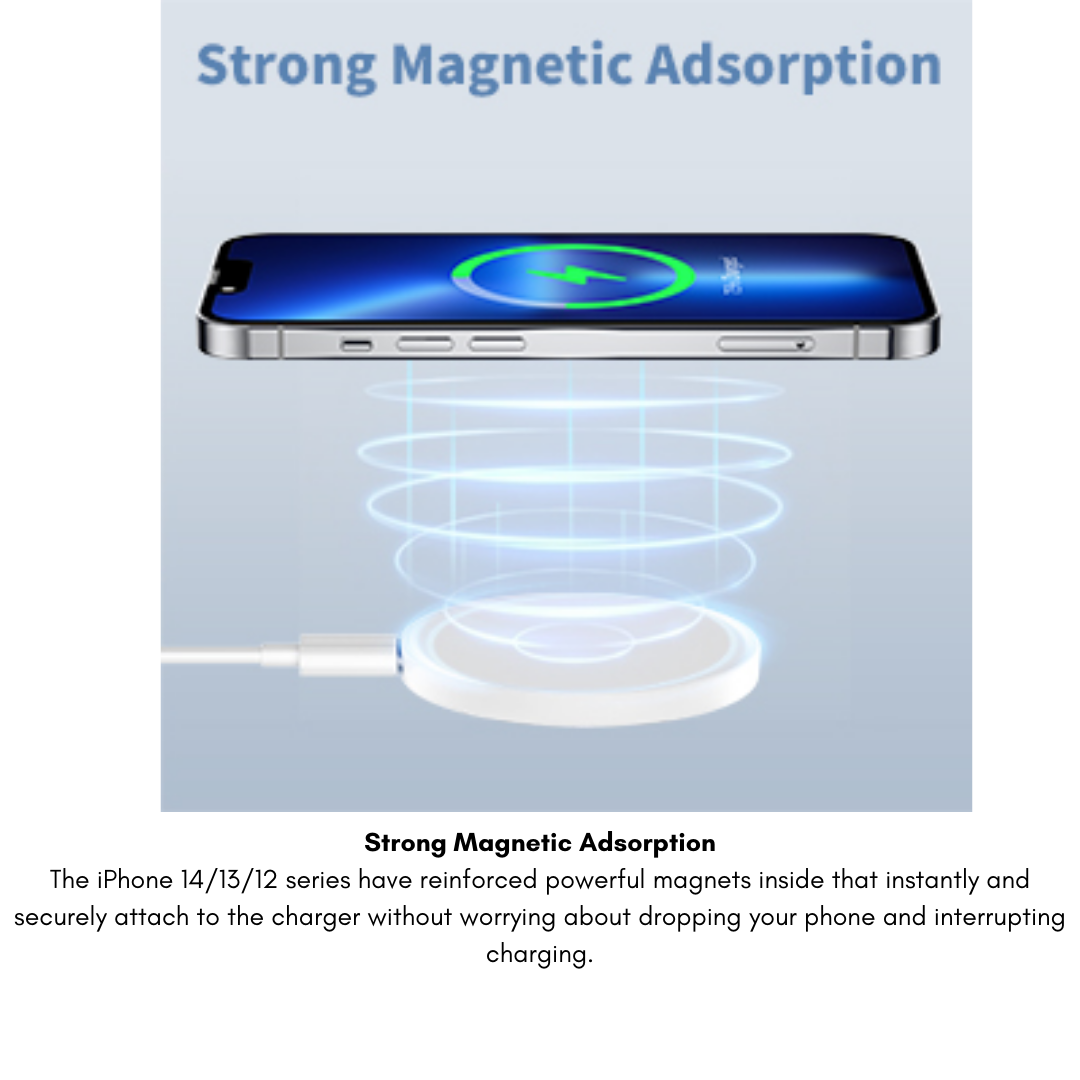 Strong magnetic wireless charger securely holding an iPhone 14, illustrating reinforced magnets for stable attachment and uninterrupted charging, with "Strong Magnetic Absorption" text above.