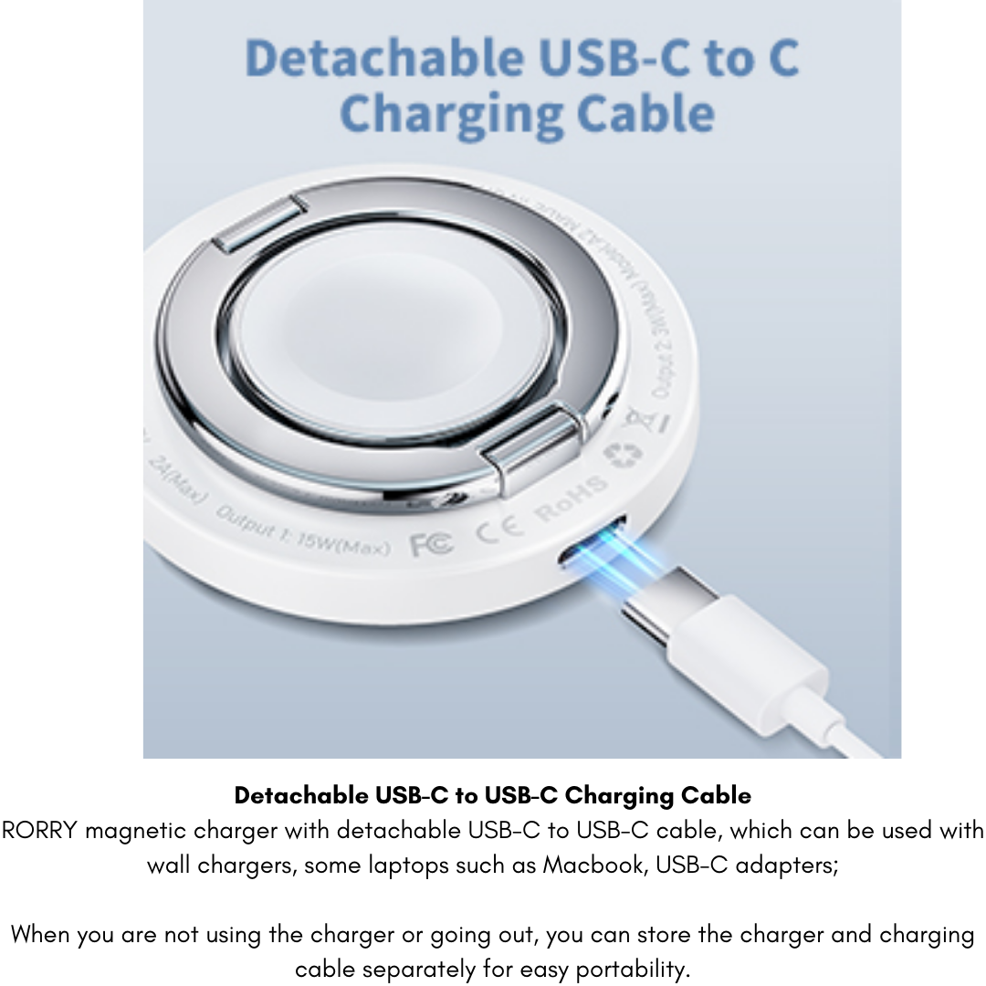 Detachable USB-C to USB-C charging cable connected to a round magnetic wireless charger, featuring a built-in ring holder and labeled with "Detachable USB-C to C Charging Cable," designed for compatibility with wall chargers, laptops, and easy portability.