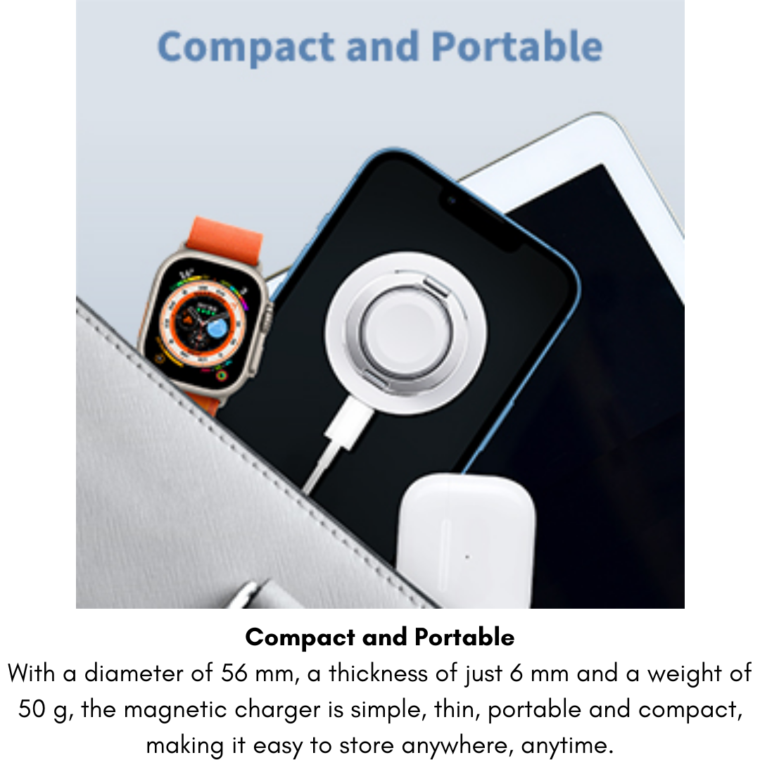 Compact magnetic wireless charger with ring holder shown alongside an iPhone, Apple Watch Ultra with orange strap, AirPods, and tablet, partially tucked into a purse to highlight its portable 56 mm diameter, 6 mm thickness, and lightweight 50 g design, with "Compact and Portable" text above.