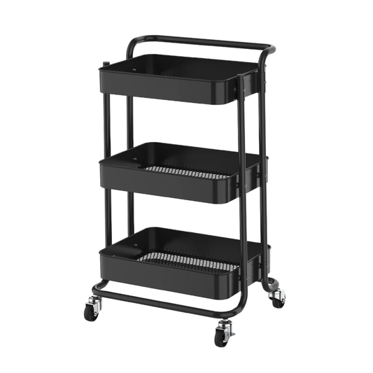 RENE Cielo Matte Black 3-Tier Kitchen Service Trolley Cart, Metal Storage & Serving Rack