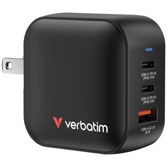 Verbatim 70W Mini GaN Charger | 3-Port Fast Charging (2x USB-C PD 70W / 1x USB-A QC 4+) | PPS High-Speed Power Station for Laptops & Flagship Smartphones | Includes UK/EU Travel Adapters