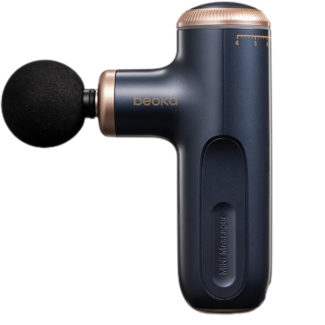 Navy Beoka X Max Variable Amplitude Massage Gun, equipped with advanced Variable Depth technology for adjustable 4–10mm amplitude, adapting massage depth to suit every muscle group; compact 450g body, quiet high-torque brushless motor, and a selection of interchangeable heads for tailored, effective muscle relief on the go