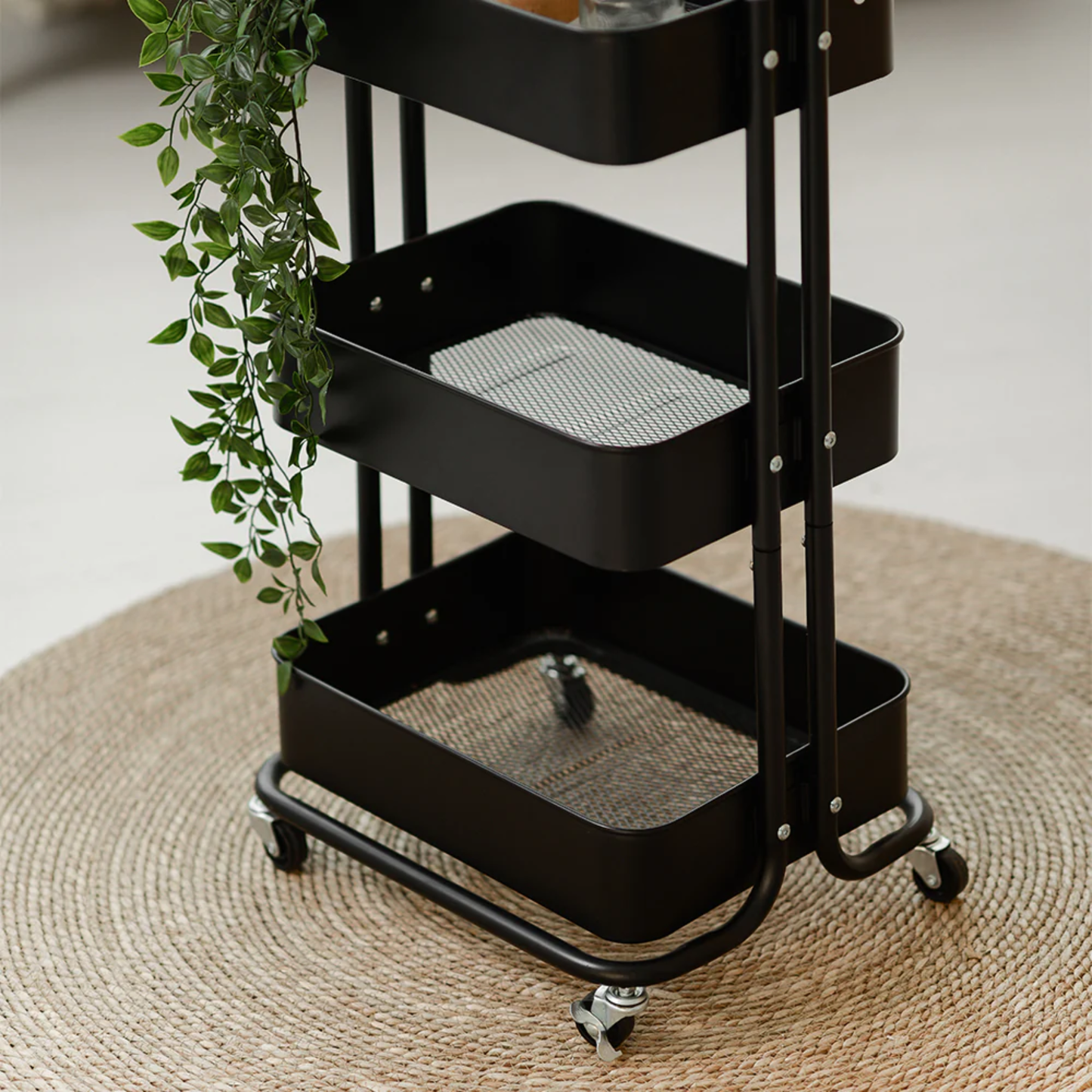 RENE Cielo Matte Black 3-Tier Kitchen Service Trolley Cart, Metal Storage & Serving Rack