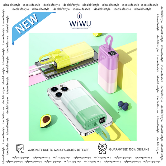 WiWU pastel power banks in yellow-green and pink-purple colors, featuring compact design, built-in charging cables, digital LED display, and lanyard loop, shown charging smartphones; with warranty and 100% genuine guarantee.