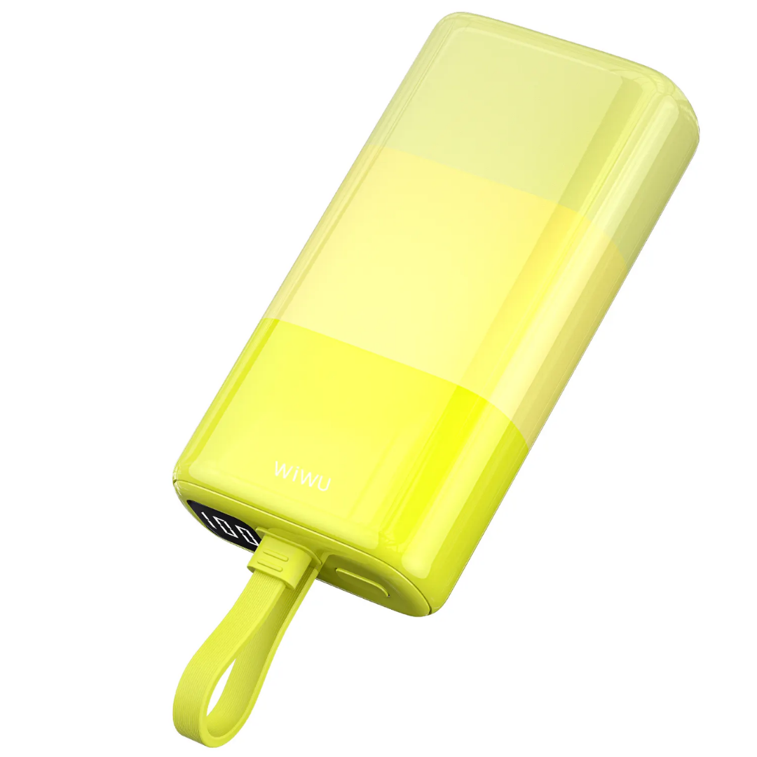 WiWU pastel yellow power bank featuring compact design, built-in charging cables, LED battery display, and fast charging capability for convenient on-the-go device power.