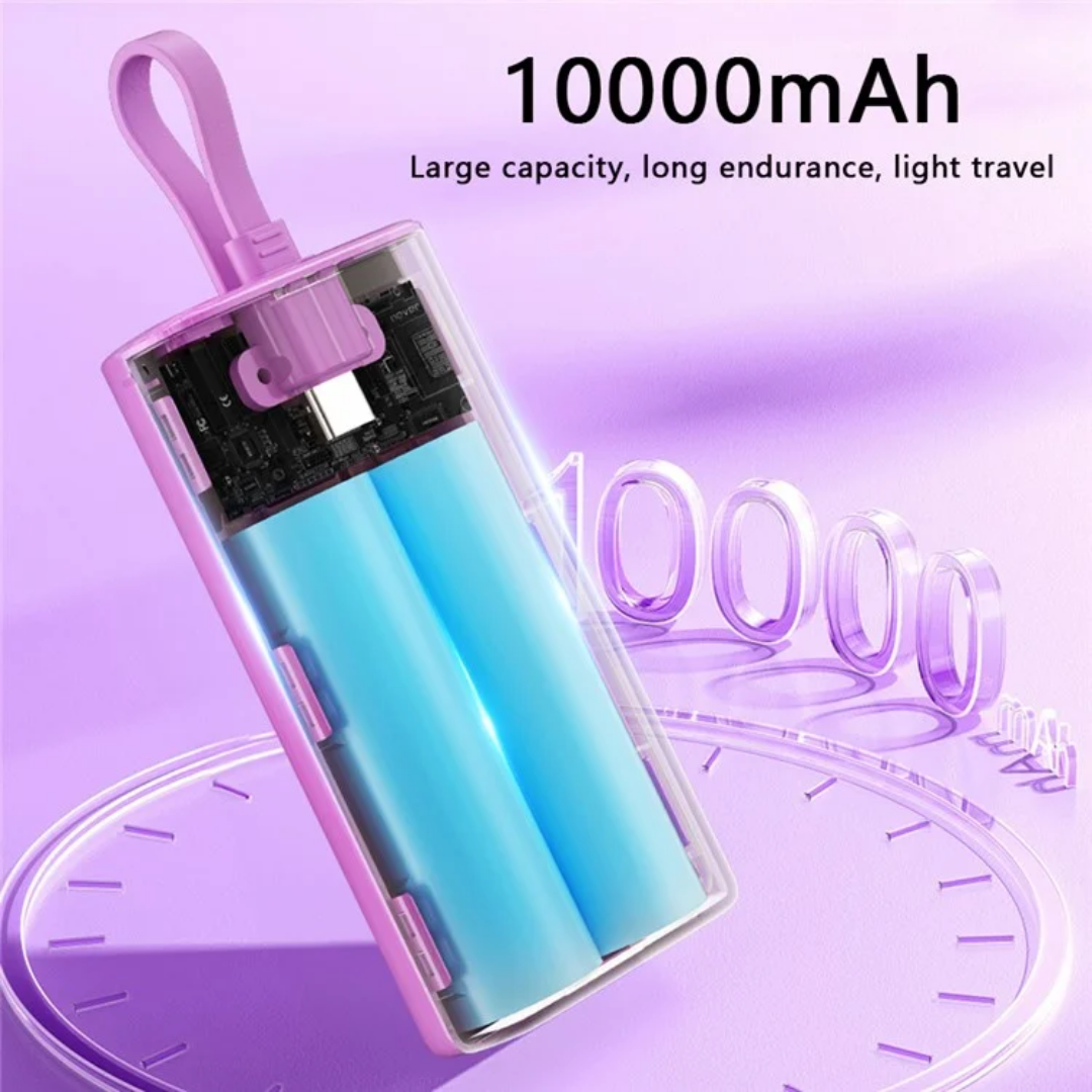 Pastel purple WiWU power bank in vertical position showing internal components, highlighting 10,000mAh large capacity, long endurance, and lightweight design for easy travel.