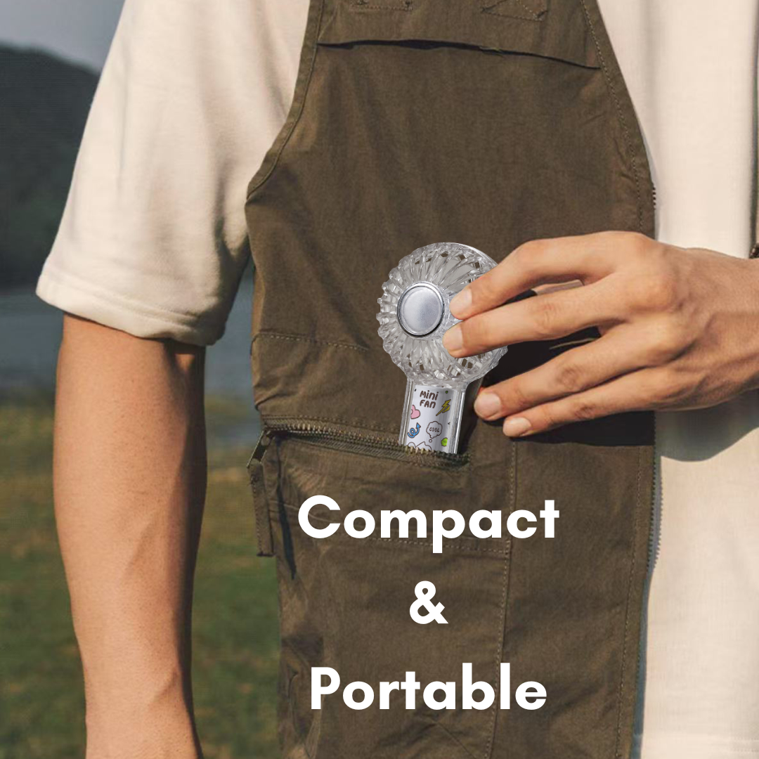 Compact mini hand fan measuring 13.9 x 6.2 x 3.5 cm and weighing 110g, easily fits in pockets or bags and features a wrist lanyard for convenient carrying. Its slender handle design ensures a comfortable grip, even for users with small hands.