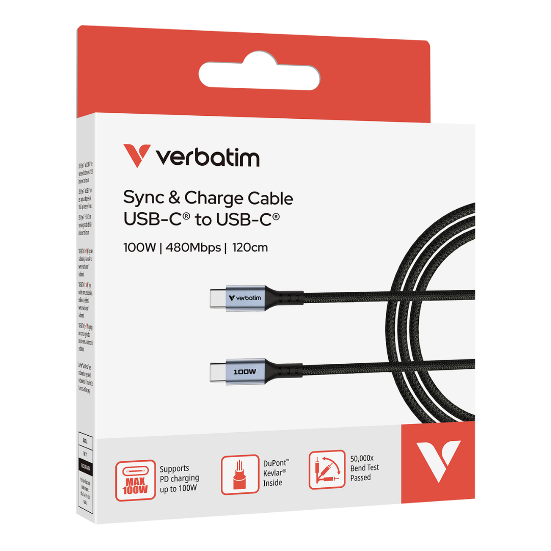 Verbatim 100W USB-C to USB-C Cable | DuPont™ Kevlar® Fortified | 50,000x Bend Test Rated | PD 3.0 E-Marker Fast Charge for Laptops & Flagship Smartphones | 1.2M Durable Nylon Braided Cord