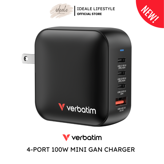 Verbatim 100W Mini GaN Charger 4-Port (3x USB-C PD 3.0 / 1x USB-A QC 3.0) | High-Speed PPS Desktop Charger for Flagship Laptops & Tablets | Multi-Port Fast Charging Wall Plug with UK/EU Adapters