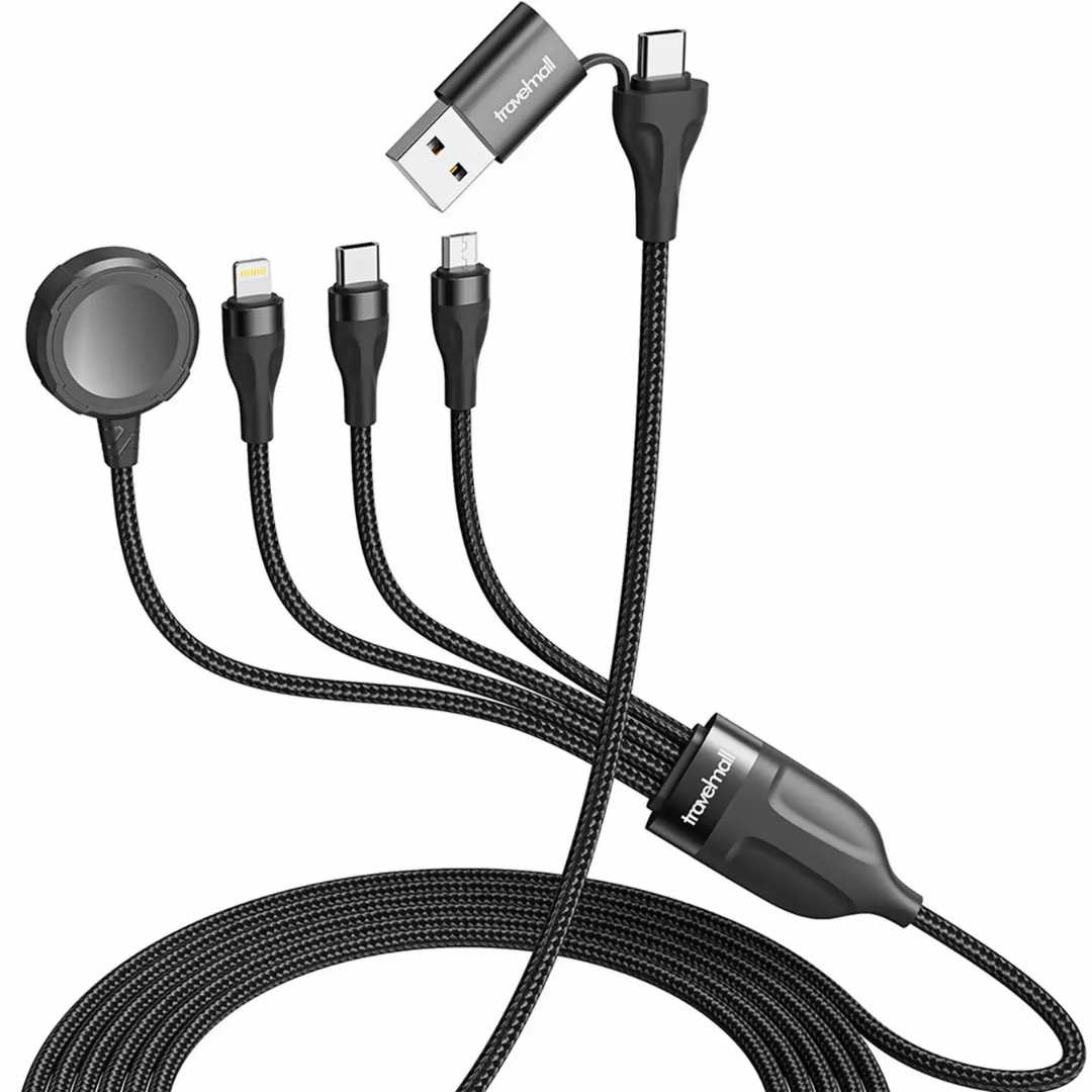 Travelmall Multi-Tool Pro 6-in-1 Smart USB Cable with interchangeable Lightning, USB-C, Micro-USB, and Apple Watch connectors, ideal for travel charging.