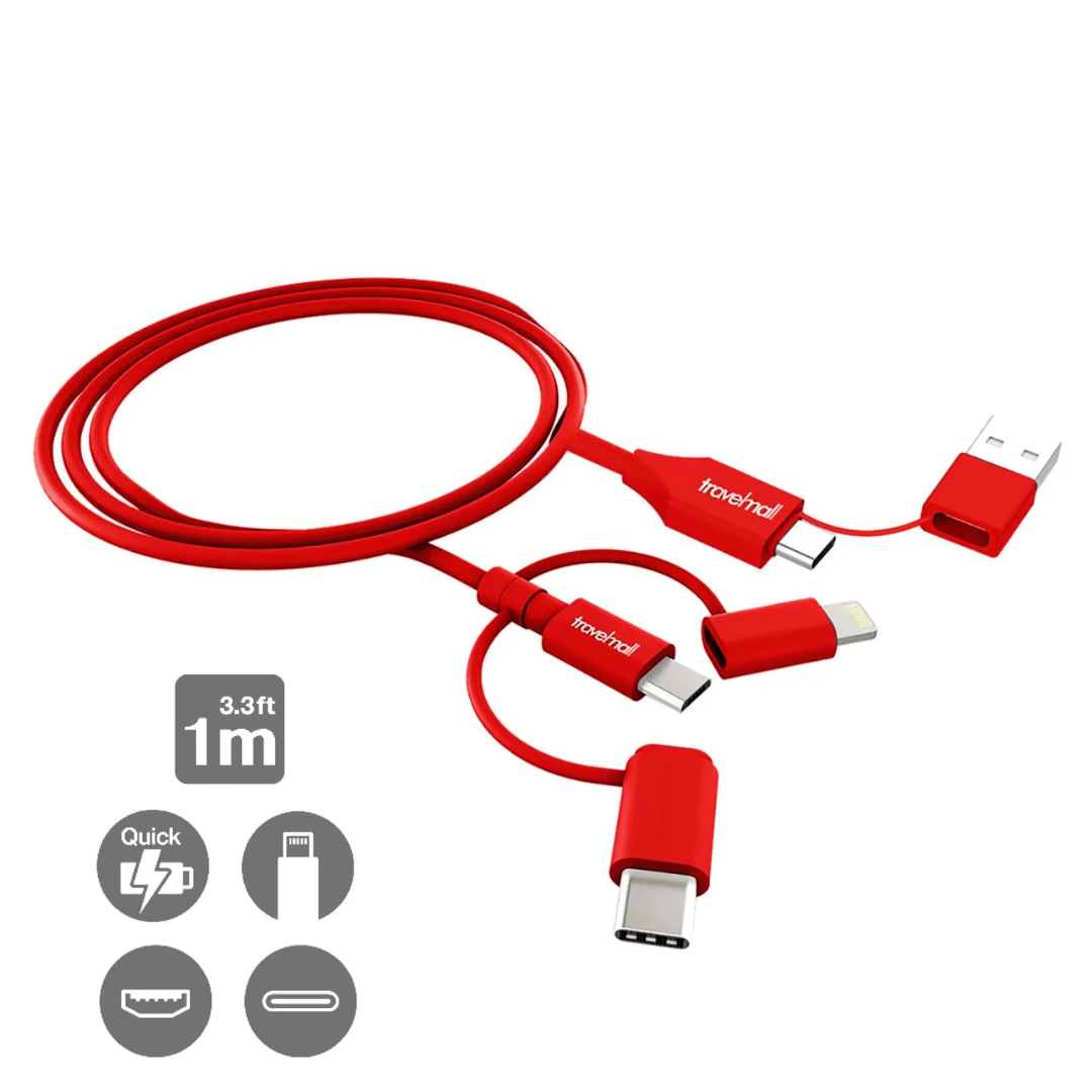 Travelmall Switzerland Multi-Tool Eco-Friendly 5-in-1 Intelligent Charging Cable with Lightning, USB-C, Micro-USB, USB-A and USB-C connectors.