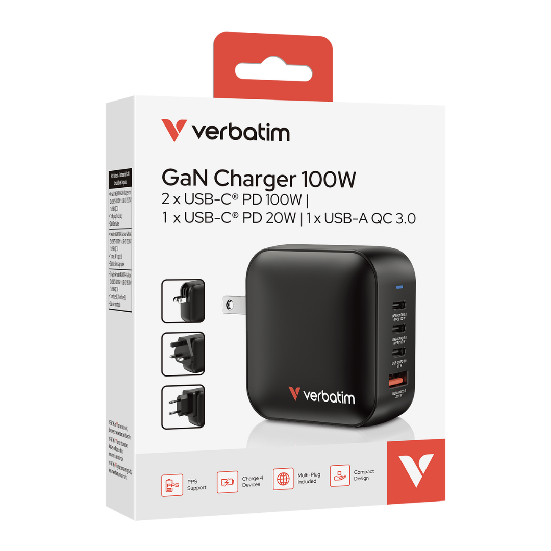 Verbatim 100W Mini GaN Charger 4-Port (3x USB-C PD 3.0 / 1x USB-A QC 3.0) | High-Speed PPS Desktop Charger for Flagship Laptops & Tablets | Multi-Port Fast Charging Wall Plug with UK/EU Adapters