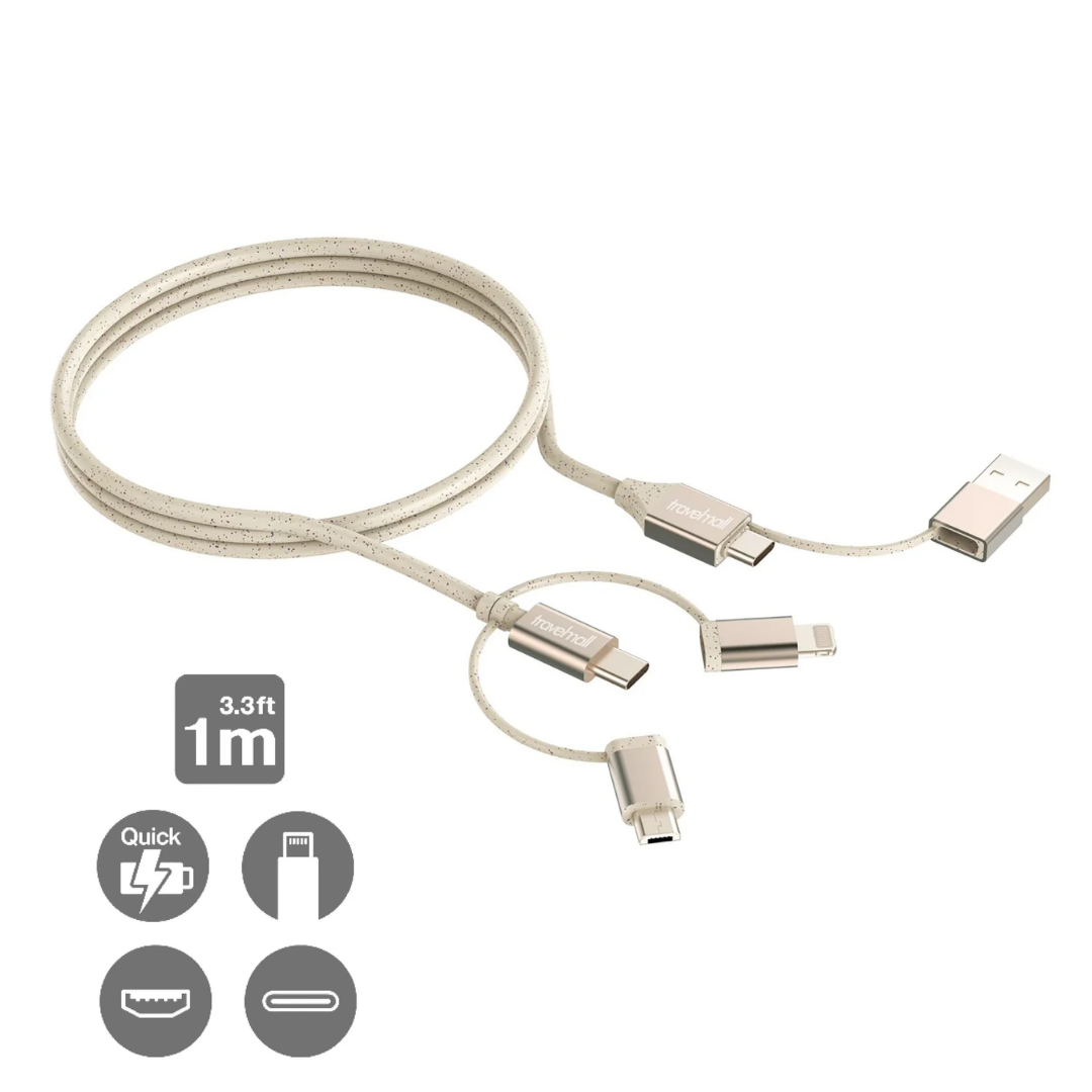 Travelmall Switzerland Multi-Tool Eco-Friendly 5-in-1 Intelligent Charging Cable with Lightning, USB-C, Micro-USB, USB-A and USB-C connectors.