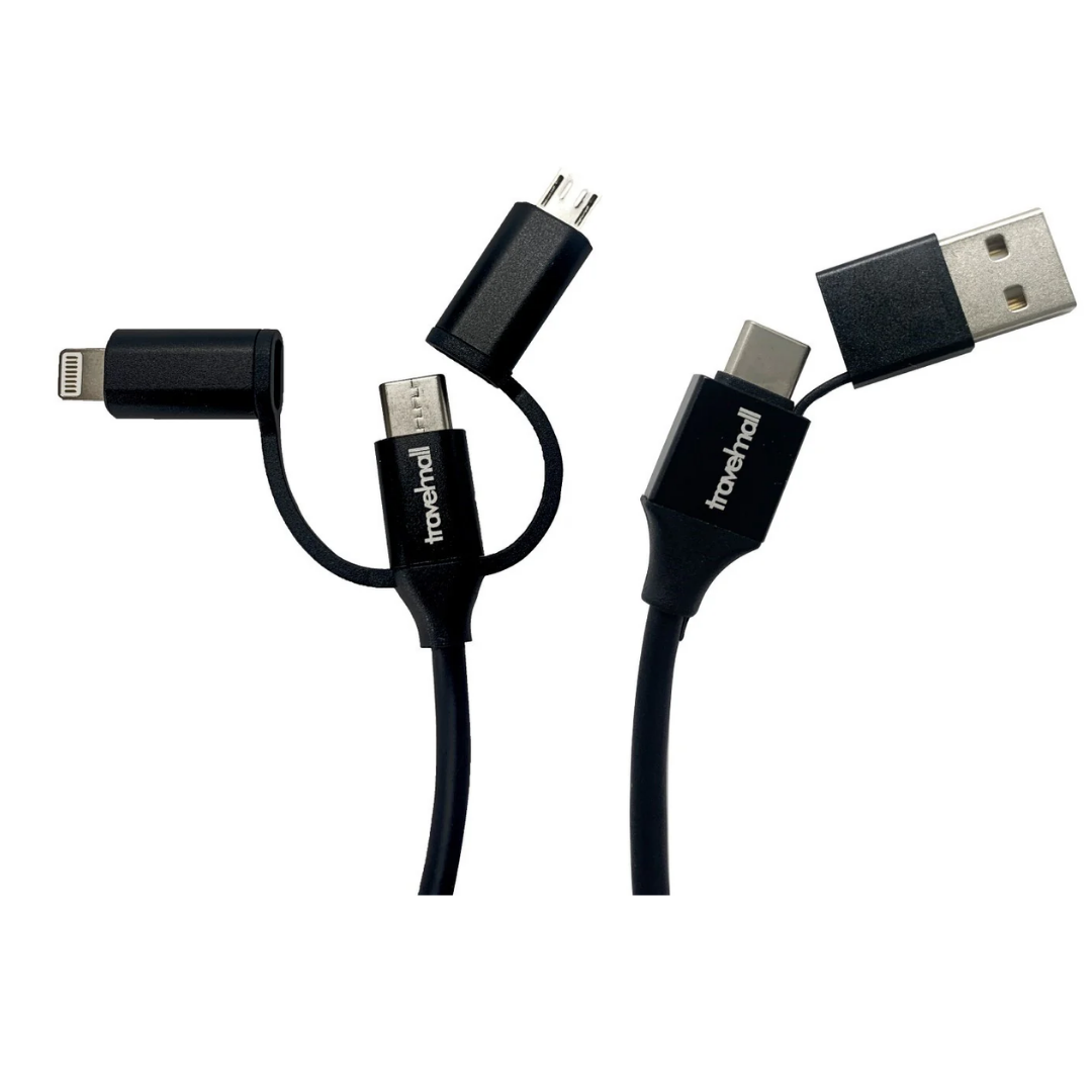 Travelmall Switzerland Multi-Tool Eco-Friendly 5-in-1 Intelligent Charging Cable with Lightning, USB-C, Micro-USB, USB-A and USB-C connectors.