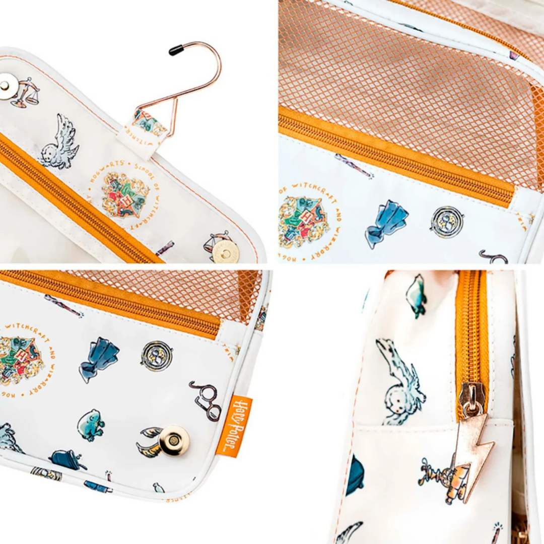Official Harry Potter Hogwarts Toiletry Bag by Travelmall with hanging hook, zippered compartments, and carry handle – compact and foldable travel organizer.