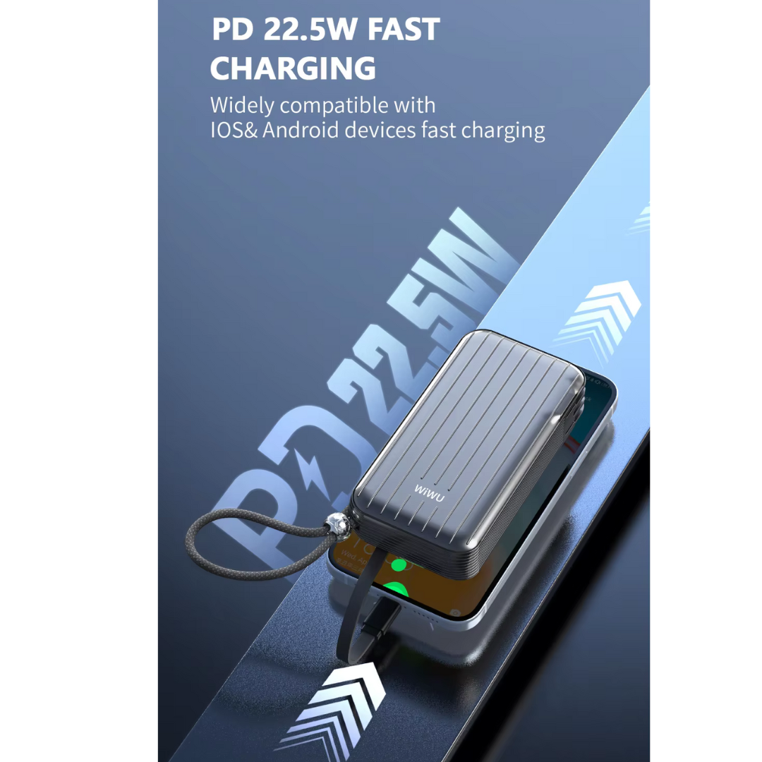 WiWU Trunk P030 10000mAh Power Bank Portable, Universal Plug, Built-in Cables, CCC Certified