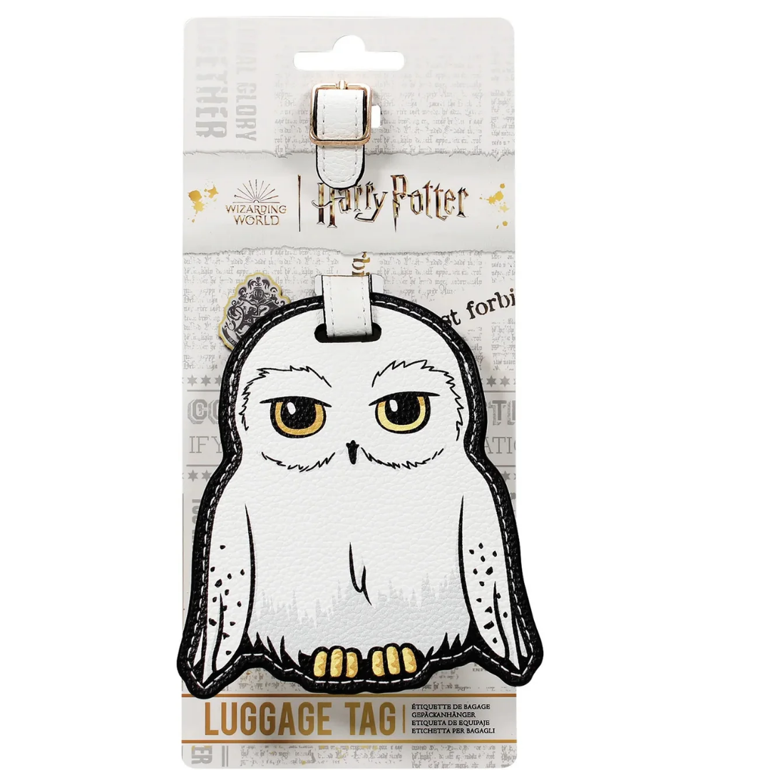 Official Harry Potter Hedwig PU Leather Luggage Tag with yellow eyes, clear contact window, and buckle strap – ideal travel accessory for fans.