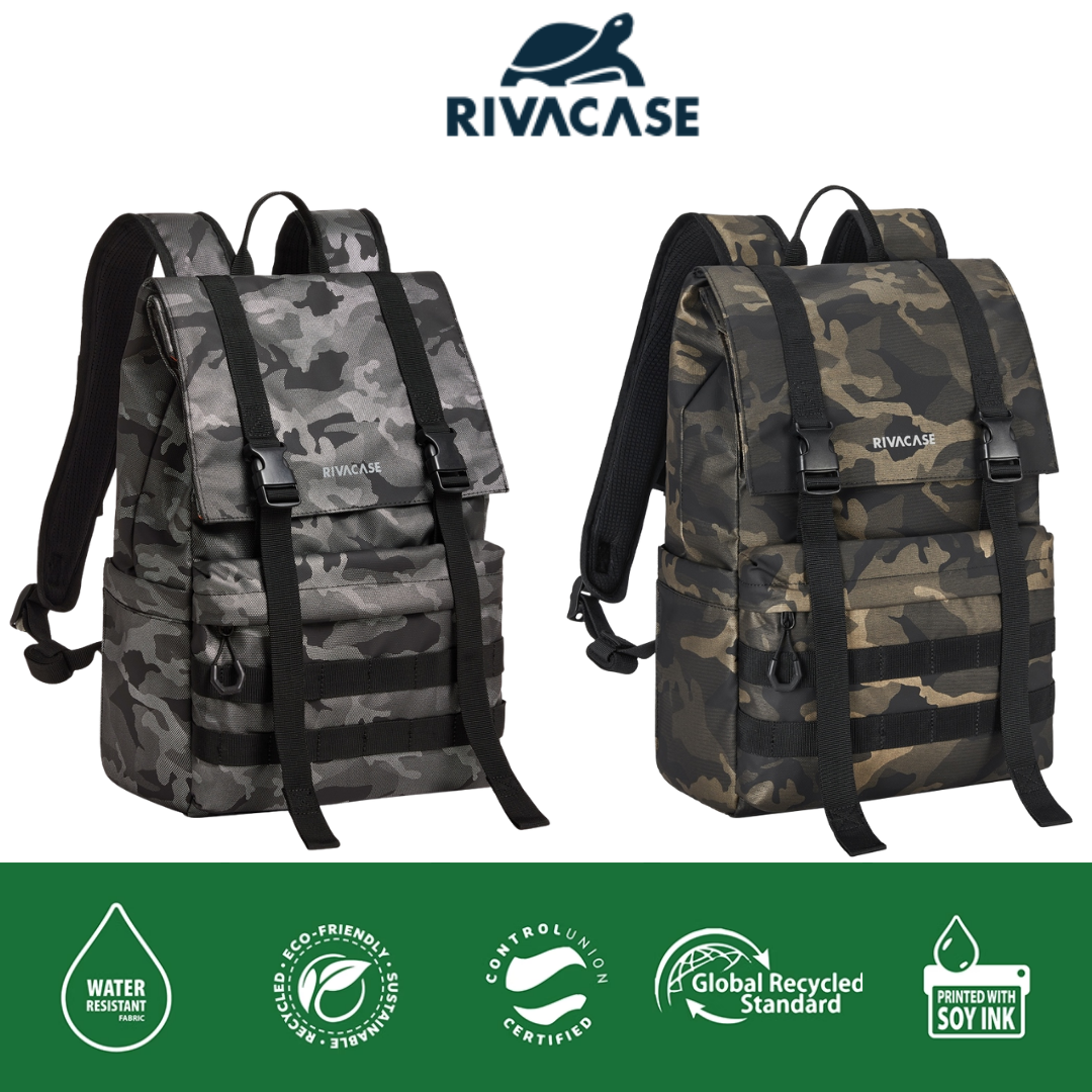 Rivacase 7621 backpack securely attached to a rolling suitcase using built-in trolley strap
