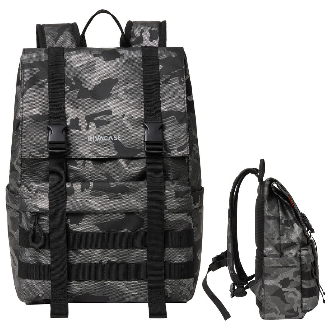 Front view of Rivacase Sherwood 7621 ECO 15L Rolltop Backpack in grey camo with MOLLE webbing and roll-top design