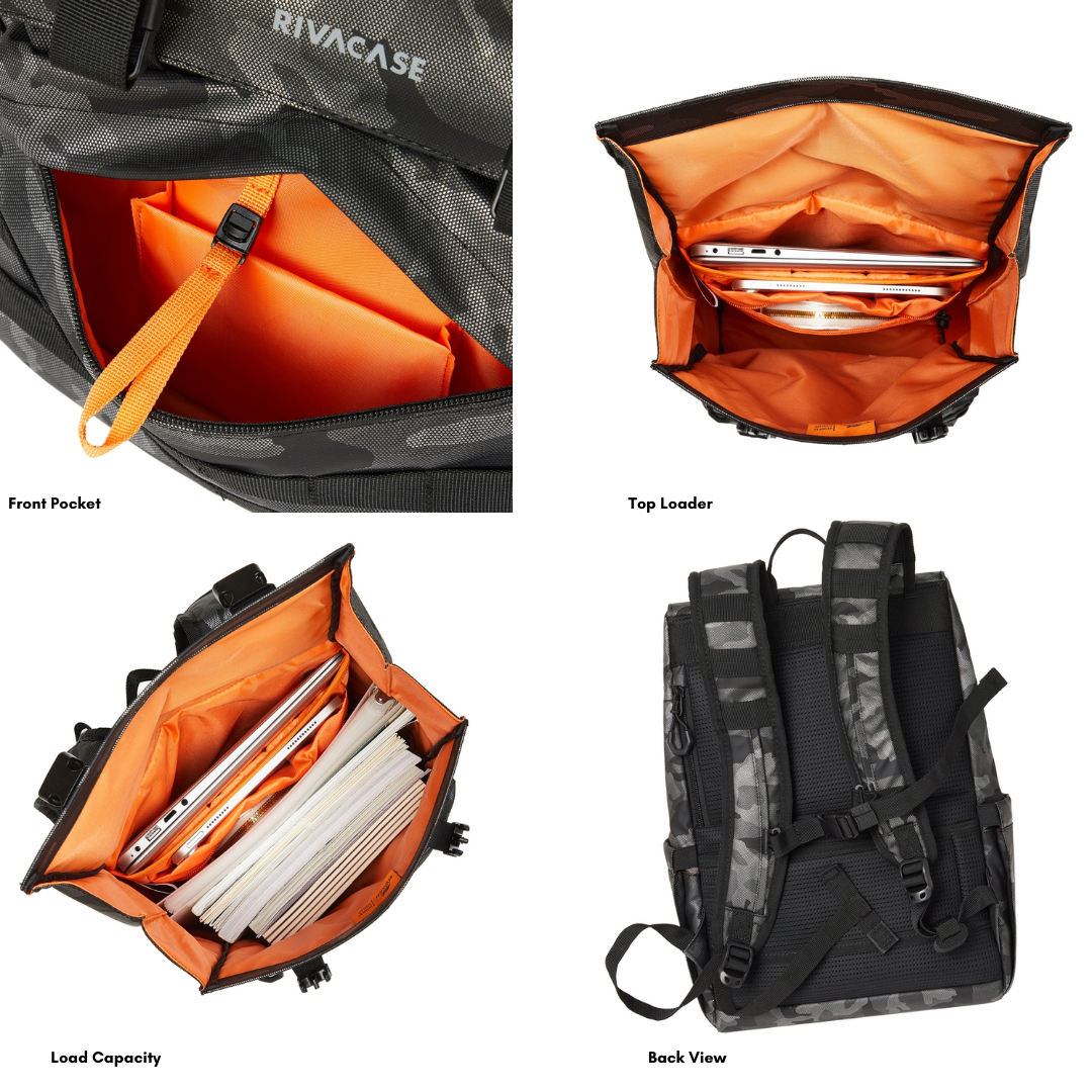 Interior of Rivacase 7621 rolltop backpack with bright orange lining, laptop sleeve, and inner zippered pocket