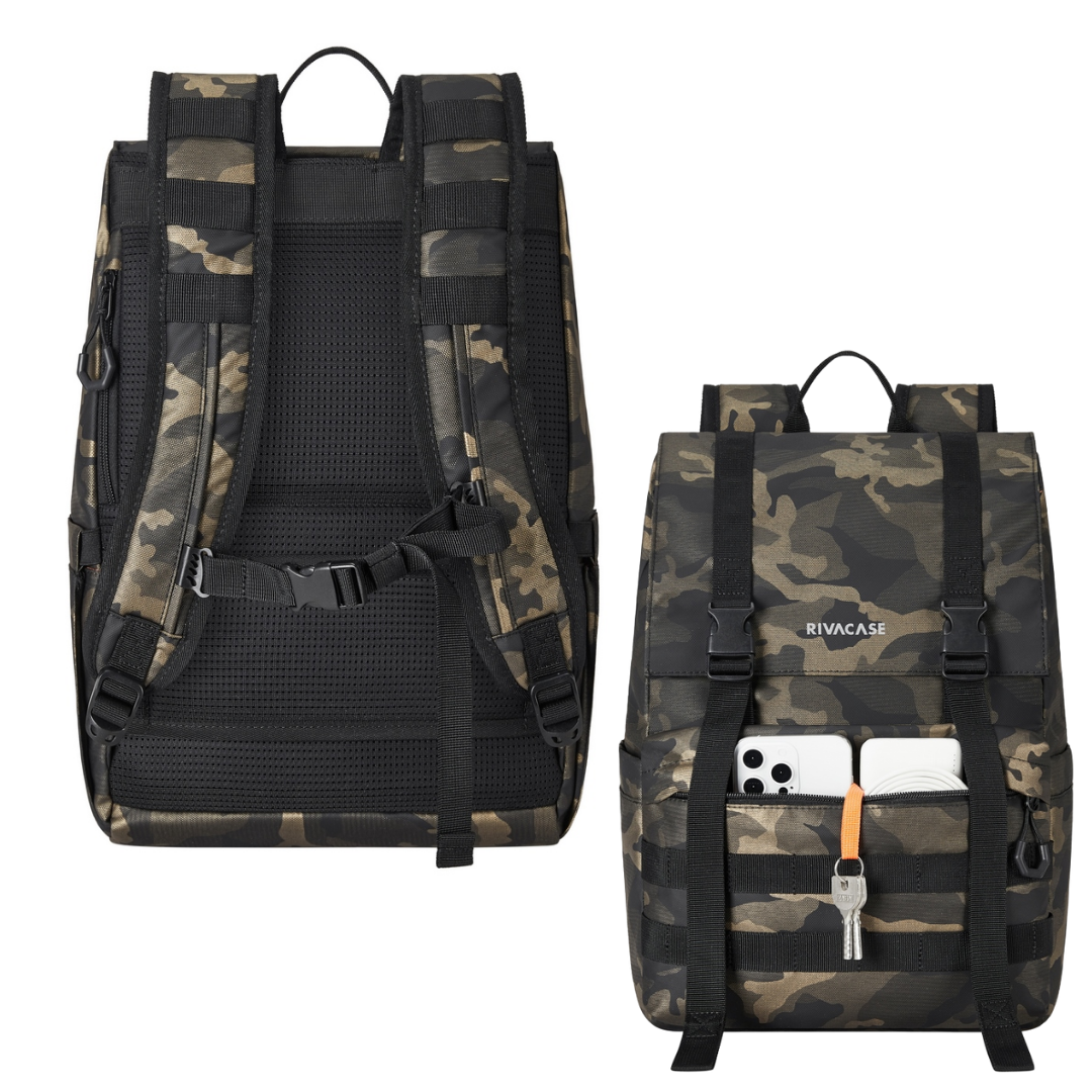 Close-up of MOLLE webbing on the front of Rivacase Sherwood 7621 ECO backpack for attaching modular gear