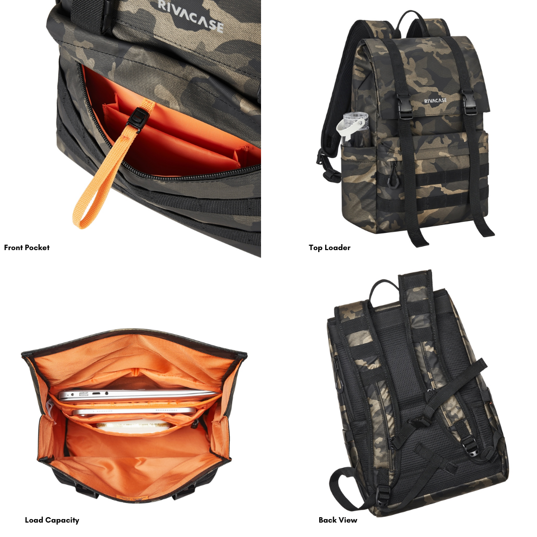 Person wearing Rivacase Sherwood 7621 ECO backpack outdoors, demonstrating tactical design and ergonomic fit