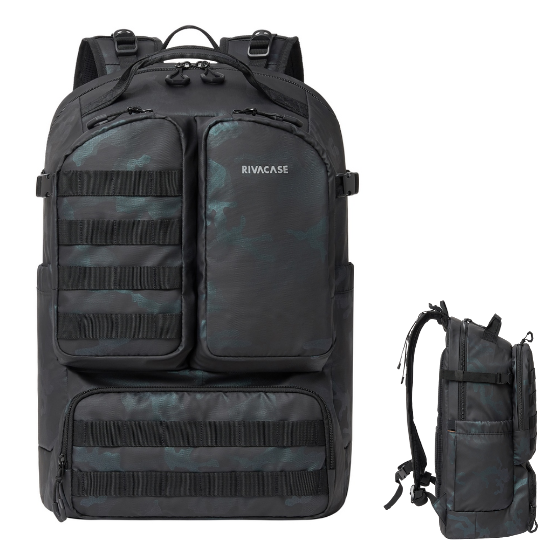 Side profile of RIVACASE 7663 showing mesh side pocket and compression straps