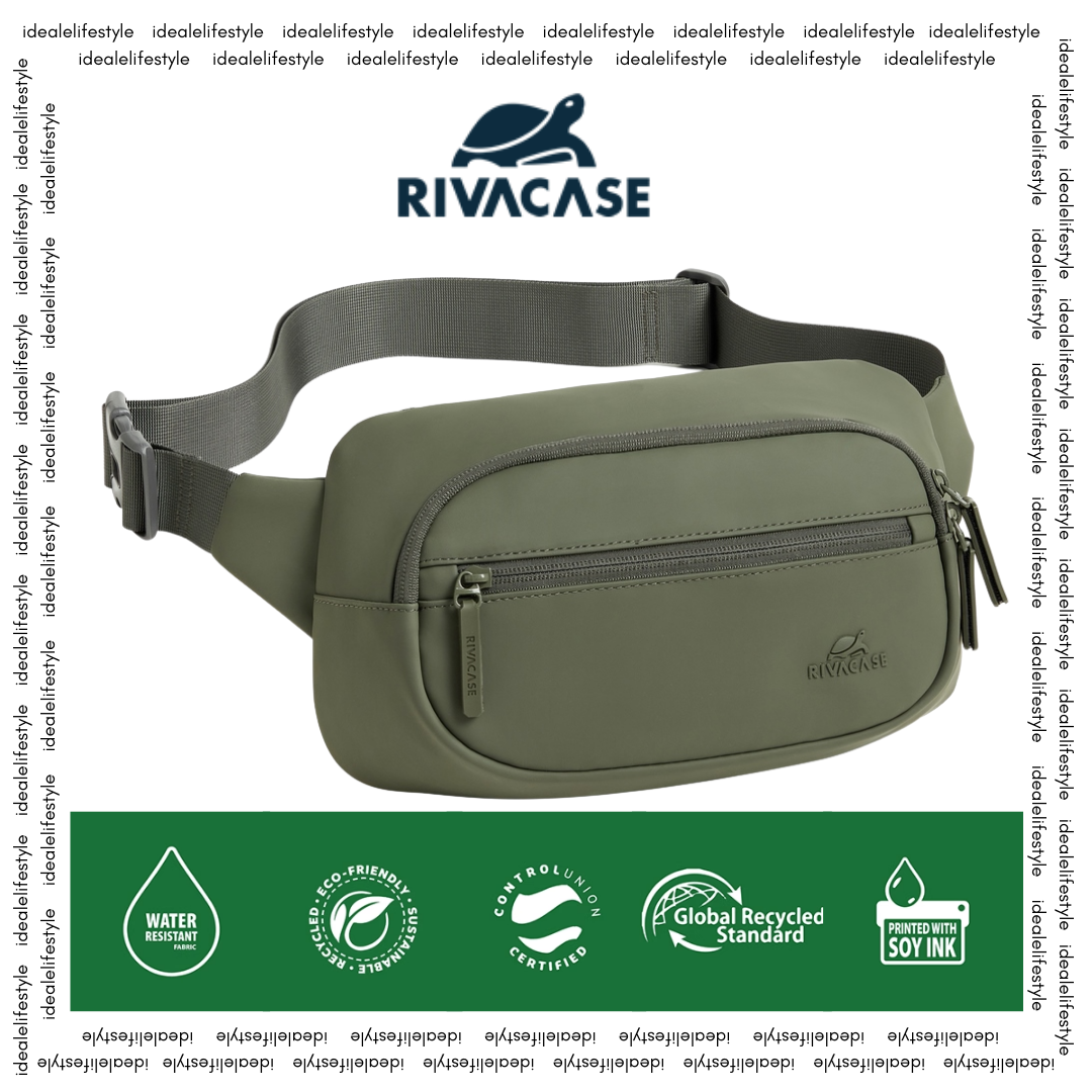 RIVACASE 7812 Eden-ECO Waist Bag Olive Green – front view with zippered pockets