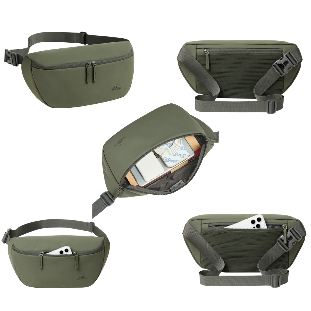 RIVACASE Eden 7814 ECO Waist Sling Bag L Olive Green | Waterproof RPET PU Leather | Eco-Friendly Crossbody Bag
