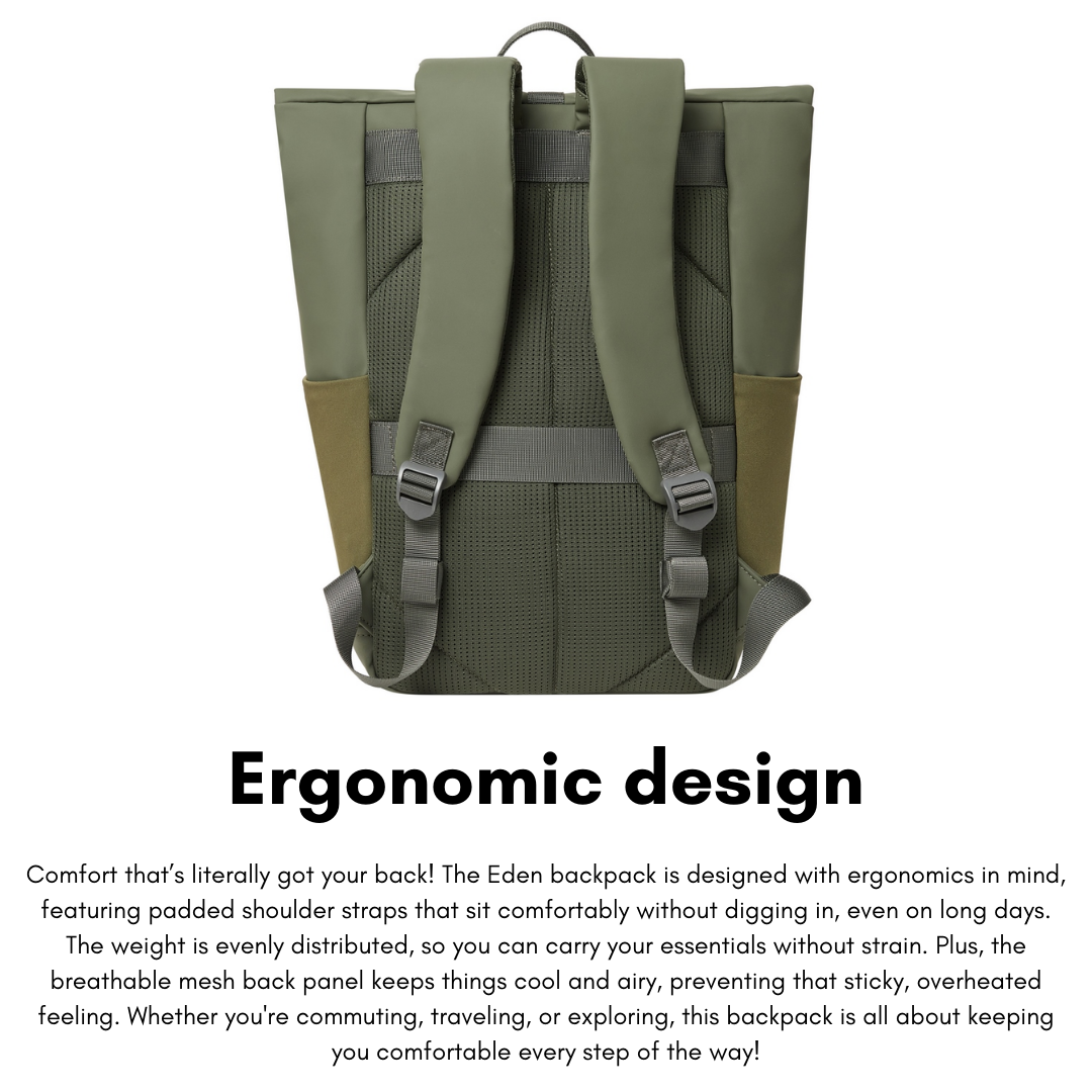 User wearing Rivacase Eden 7826 roll-top backpack during commute