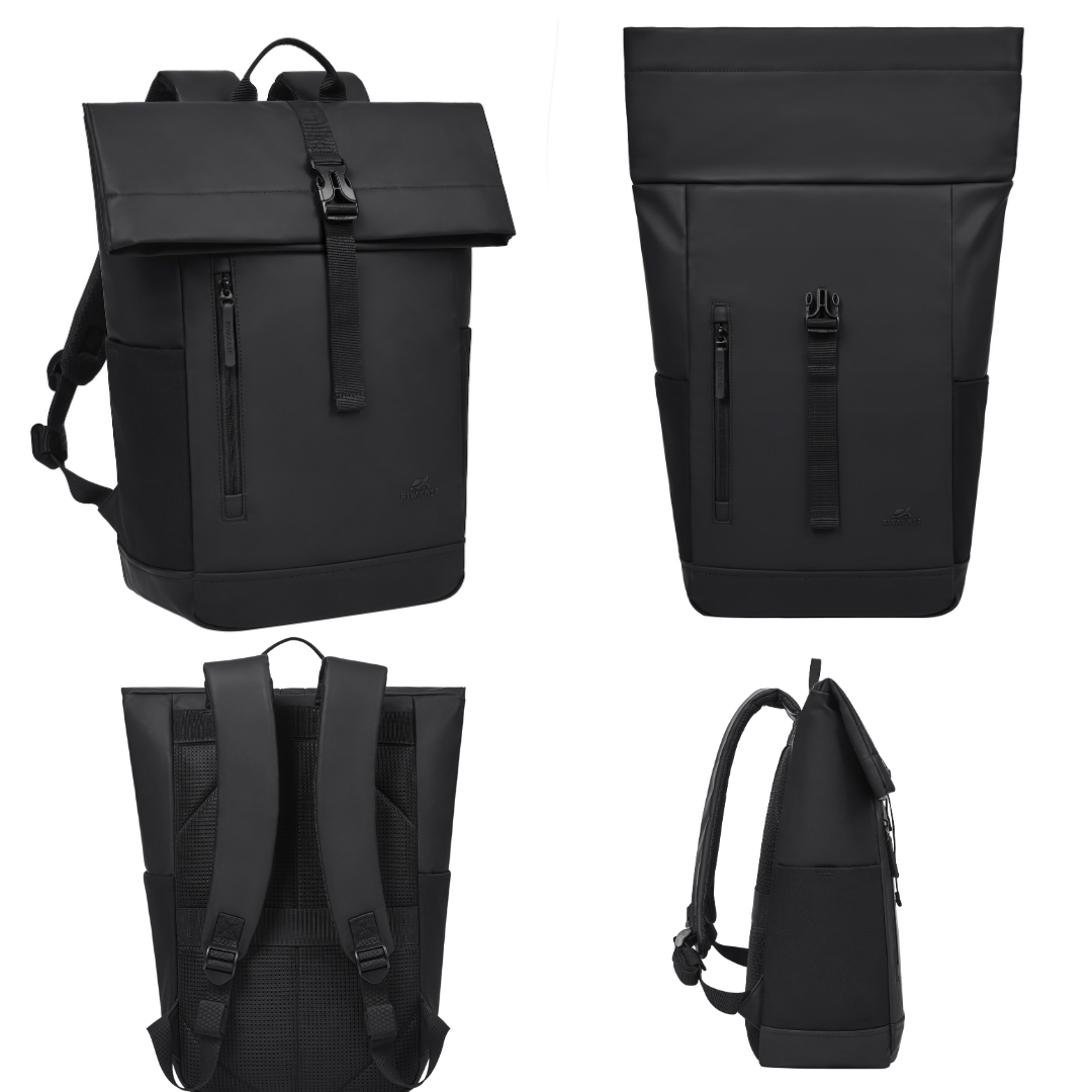 Front view of Rivacase Eden 7826 ECO roll-top backpack in waterproof RPET PU leather